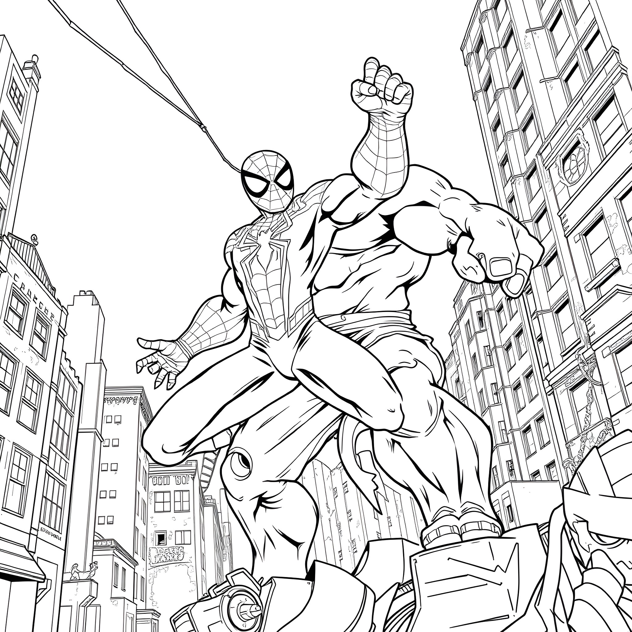Spidey's Heroic Leap Through the City Coloring Page (free black-and-white line drawing printable PDF for all, from beginners to advanced learners, including children, teens, adults, and seniors)