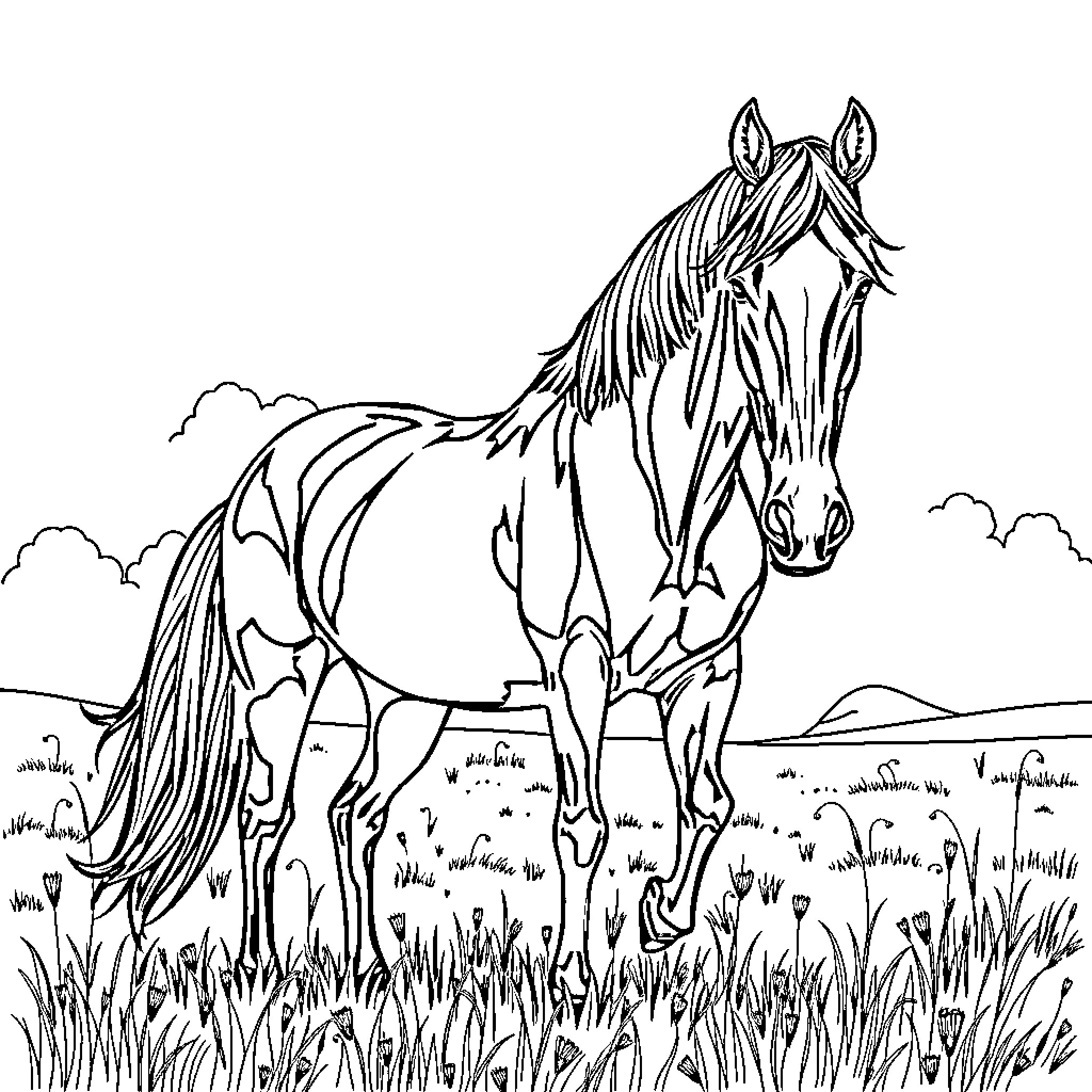 Horse grazing peacefully in the meadow Coloring Page (free black-and-white line drawing printable PDF for all, from beginners to advanced learners, including children, teens, adults, and seniors)