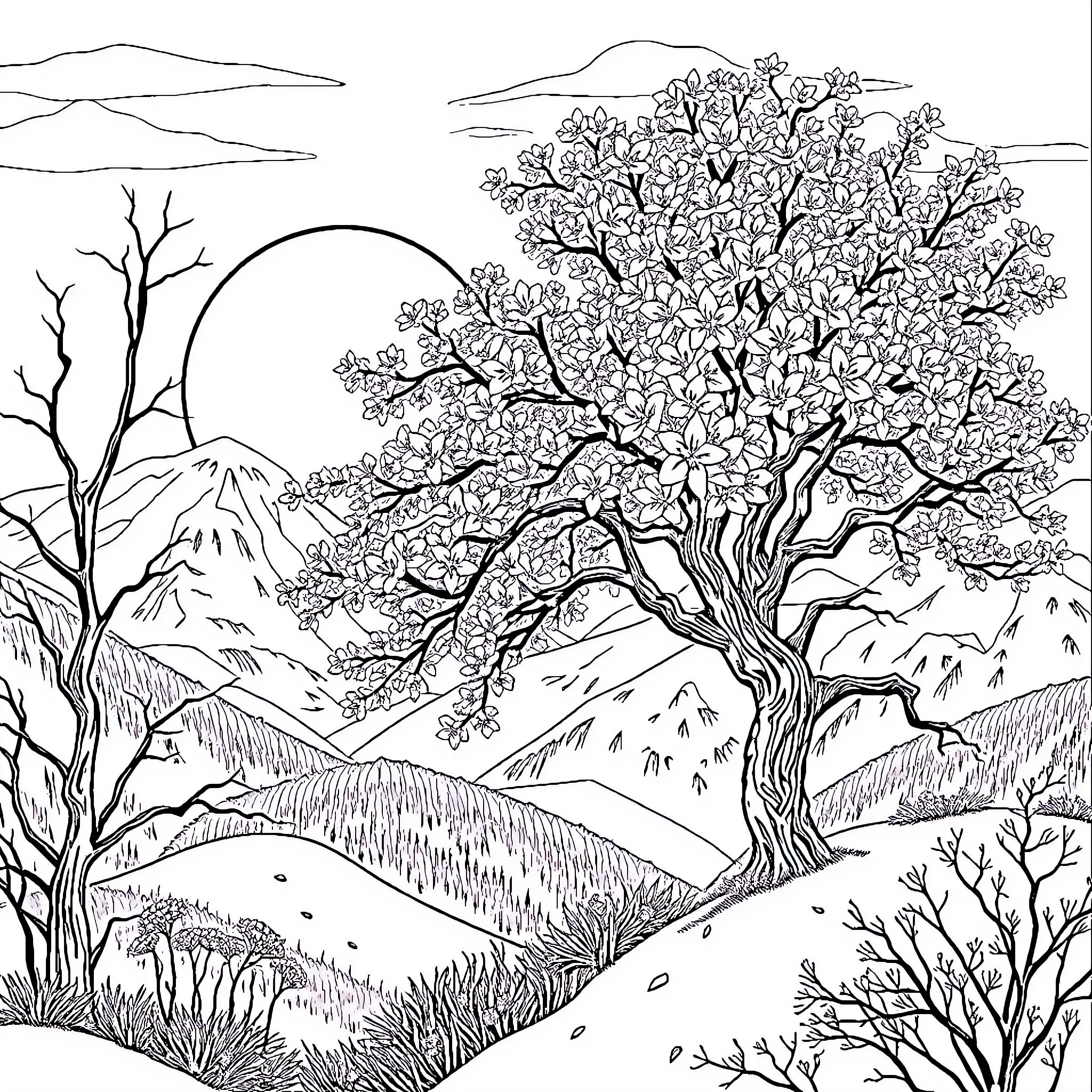 Cherry Blossom Tree in Picturesque Mountain Landscape Coloring Page (free black-and-white line drawing printable PDF for all, from beginners to advanced learners, including children, teens, adults, and seniors)