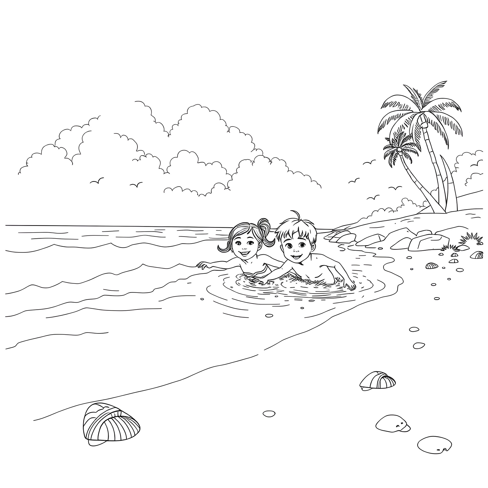 Girl swimming happily with friend on tropical beach Coloring Page (free black-and-white line drawing printable PDF for all, from beginners to advanced learners, including children, teens, adults, and seniors)