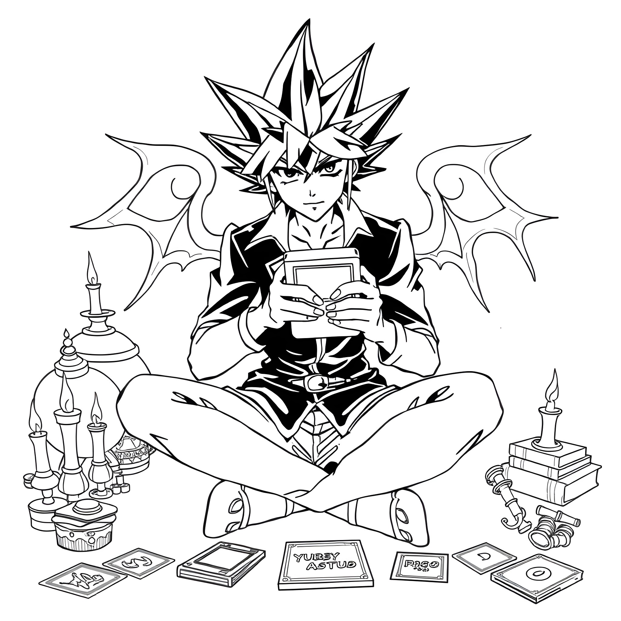 Yugioh character in deep contemplation with gaming accessories Coloring Page (free black-and-white line drawing printable PDF for all, from beginners to advanced learners, including children, teens, adults, and seniors)