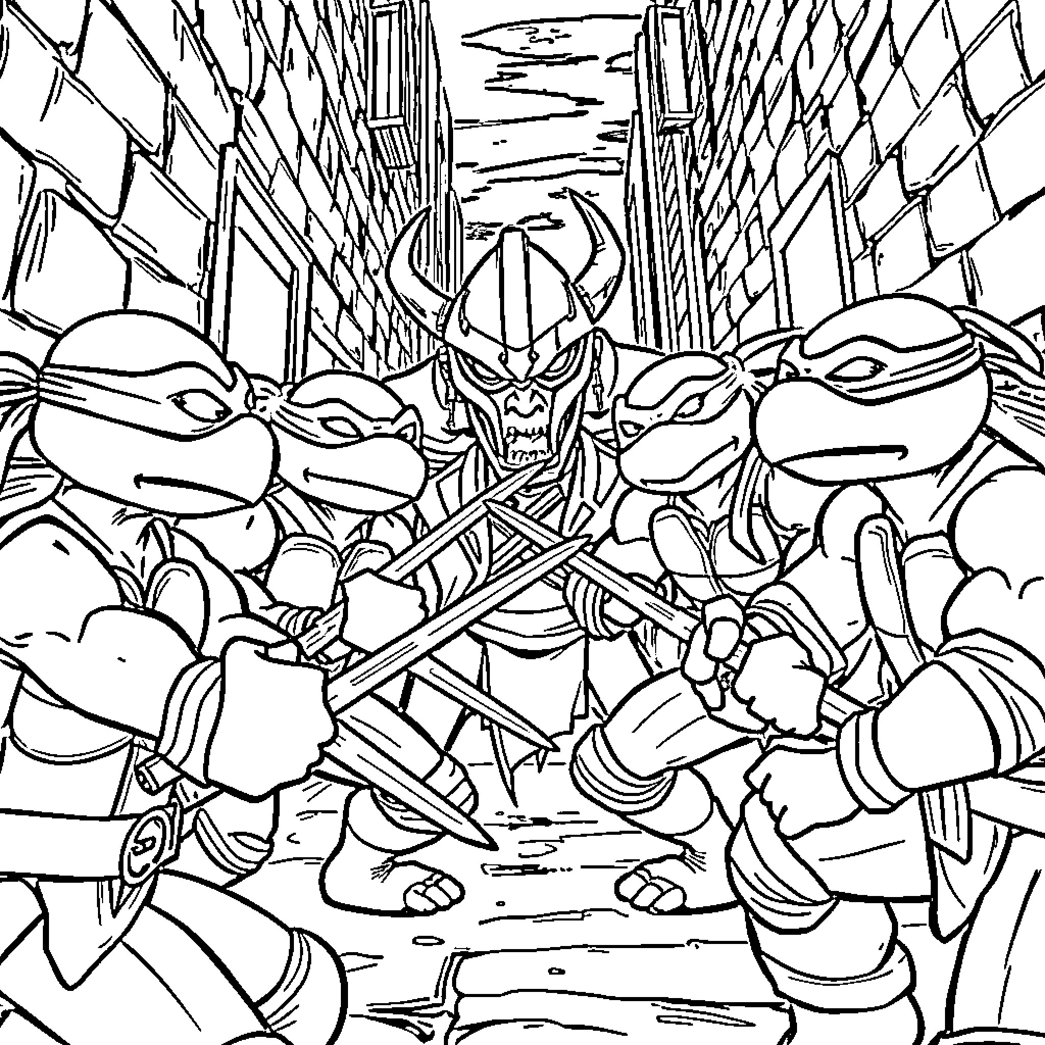 Ninja Turtles in fierce combat scene Coloring Page (free black-and-white line drawing printable PDF for all, from beginners to advanced learners, including children, teens, adults, and seniors)