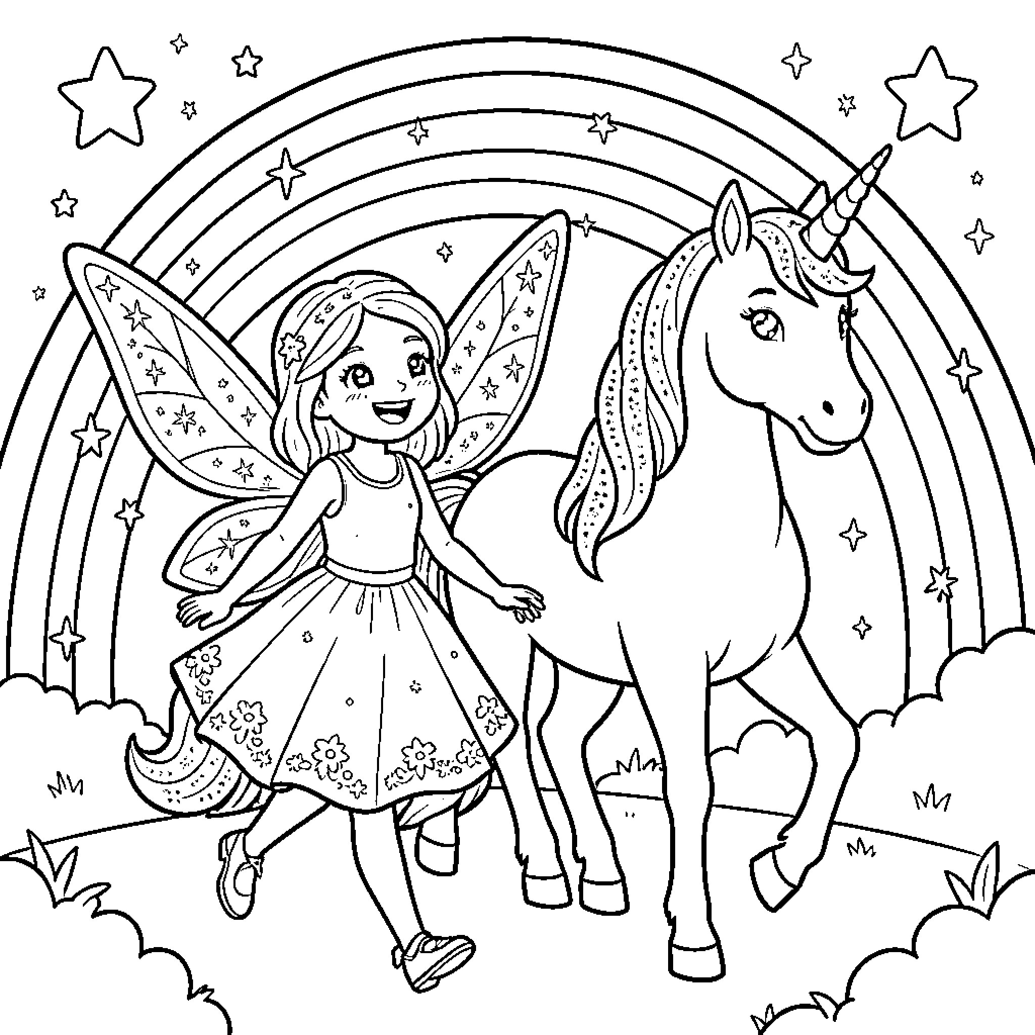 Fairy girl and unicorn adventure under the rainbow Coloring Page (free black-and-white line drawing printable PDF for all, from beginners to advanced learners, including children, teens, adults, and seniors)
