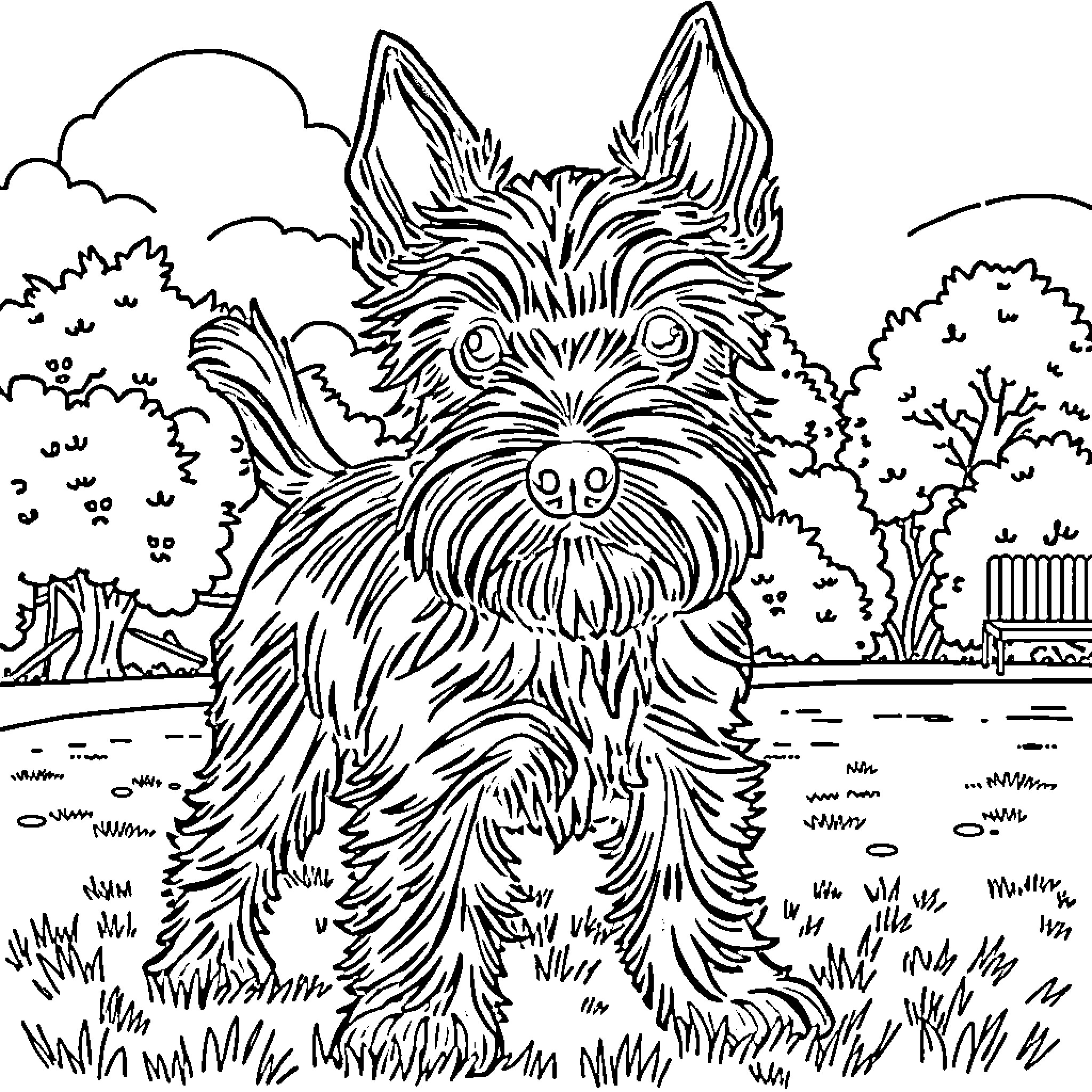 Schnauzer playing in the park Coloring Page (free black-and-white line drawing printable PDF for all, from beginners to advanced learners, including children, teens, adults, and seniors)