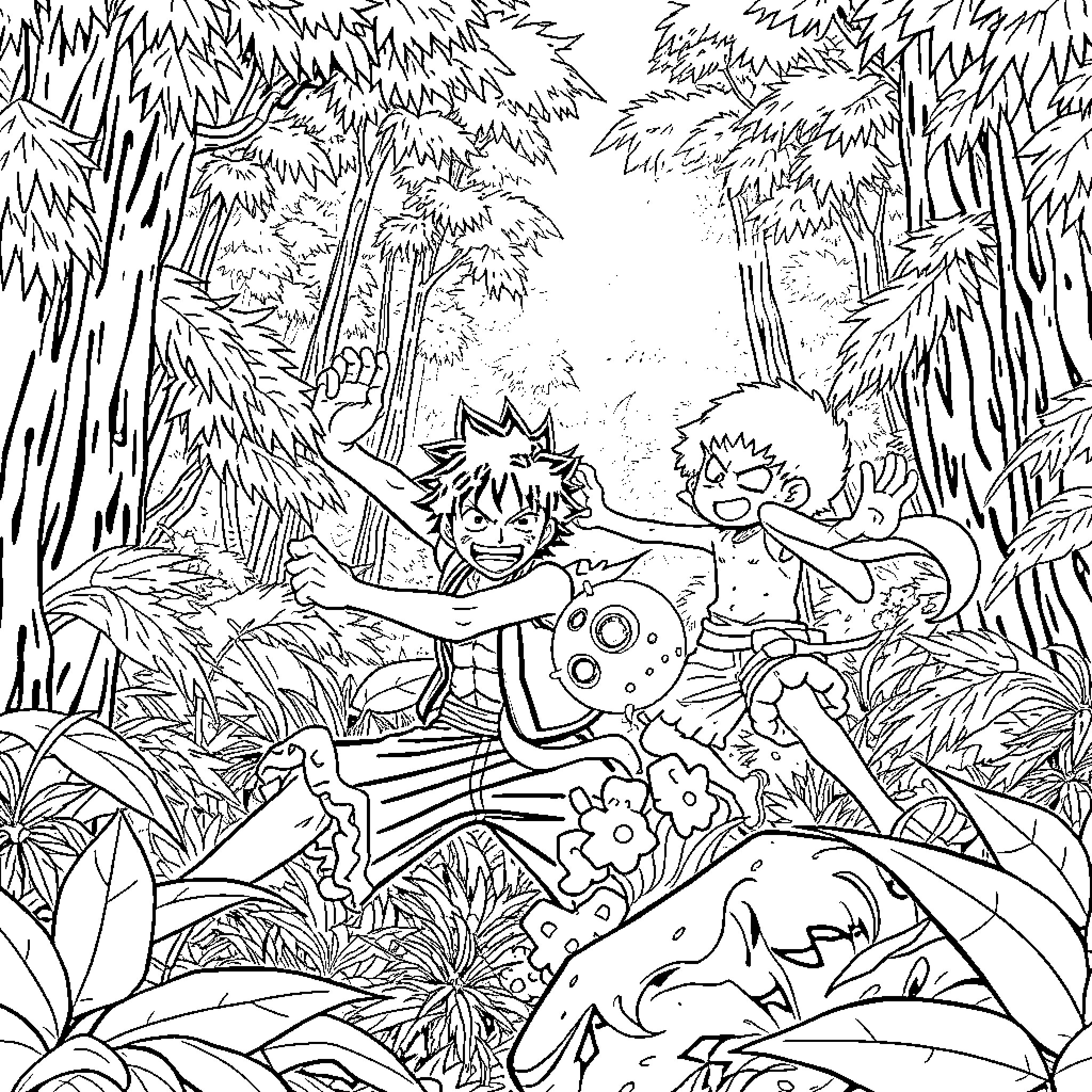 Luffy and Usopp's Tropical Adventure Coloring Page (free black-and-white line drawing printable PDF for all, from beginners to advanced learners, including children, teens, adults, and seniors)
