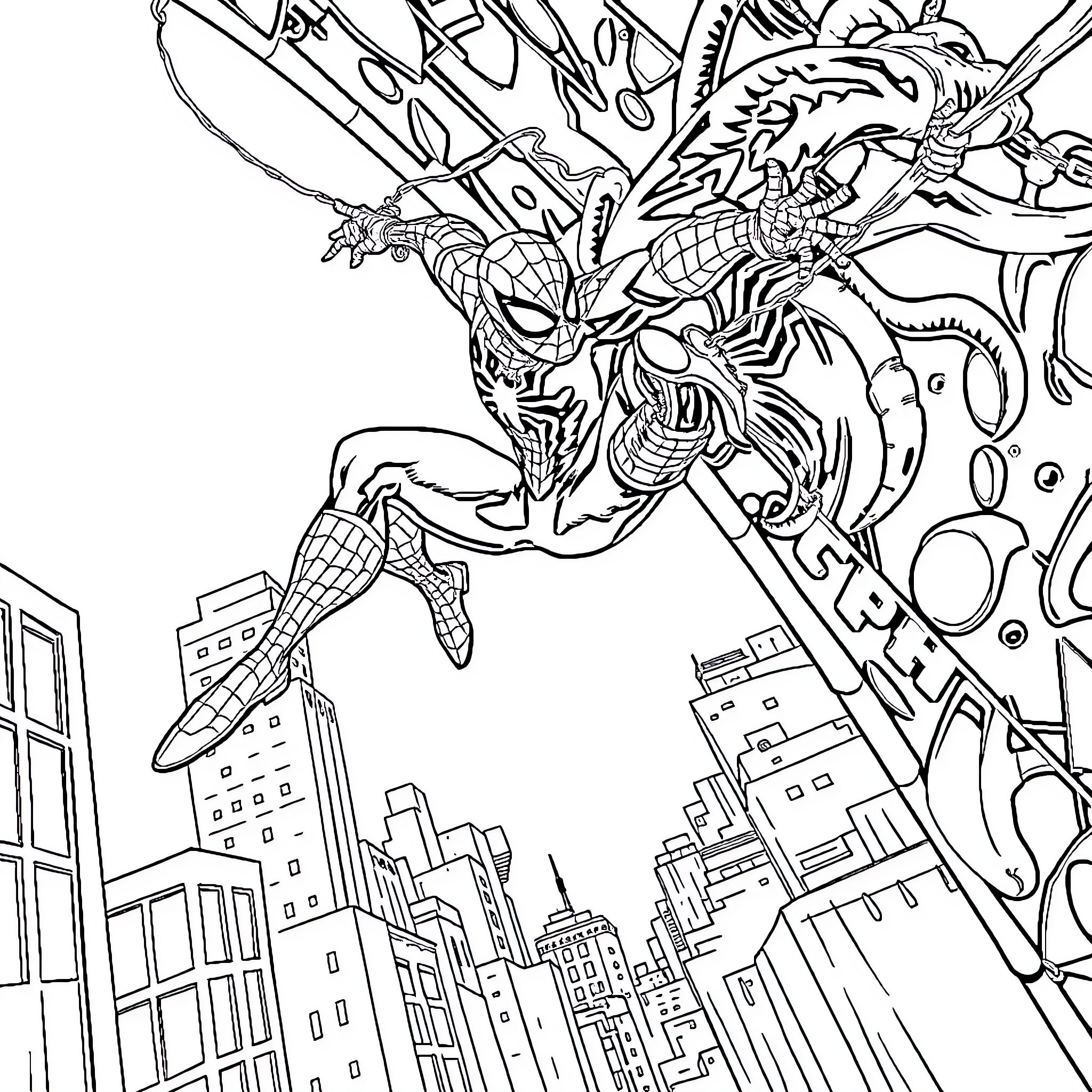 Spiderman swinging through city amidst cosmic chaos Coloring Page (free black-and-white line drawing printable PDF for all, from beginners to advanced learners, including children, teens, adults, and seniors)