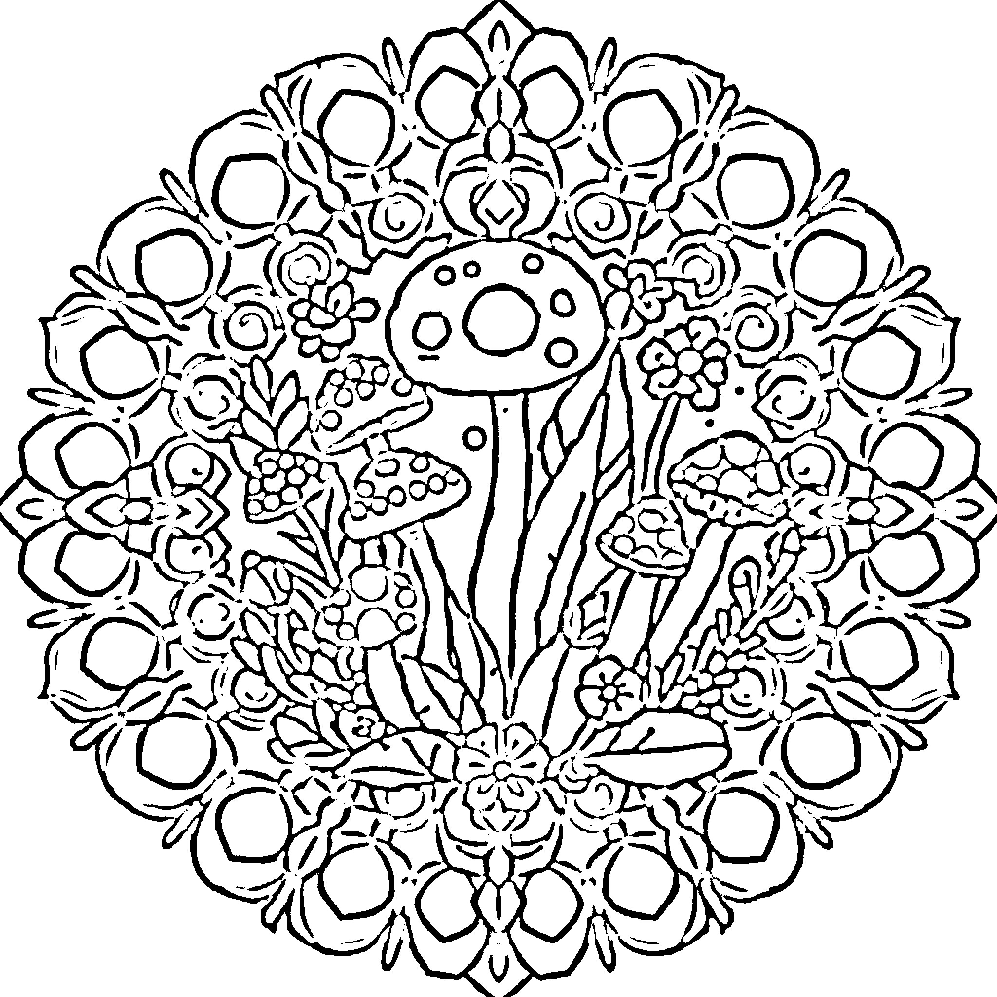 Plant mandala with mushrooms and floral elements Coloring Page (free black-and-white line drawing printable PDF for all, from beginners to advanced learners, including children, teens, adults, and seniors)