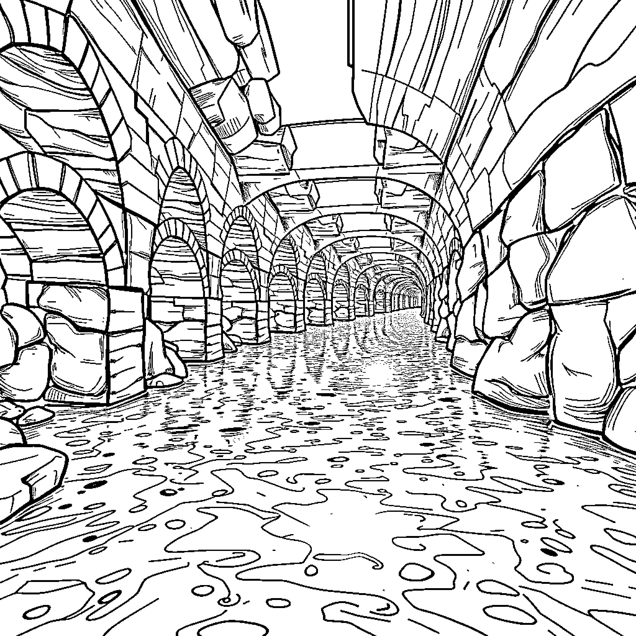 Aqueduct with Intricate Stone Arches and Flowing Water Coloring Page (free black-and-white line drawing printable PDF for all, from beginners to advanced learners, including children, teens, adults, and seniors)