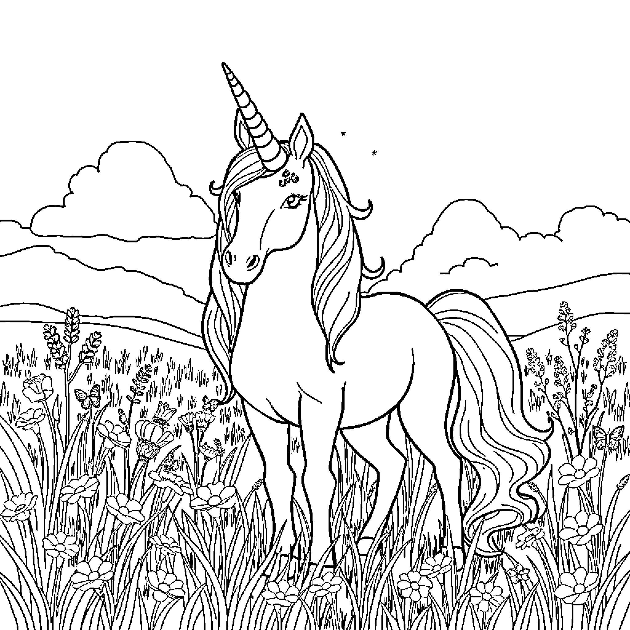 Unicorn standing majestically in a magical meadow Coloring Page (free black-and-white line drawing printable PDF for all, from beginners to advanced learners, including children, teens, adults, and seniors)