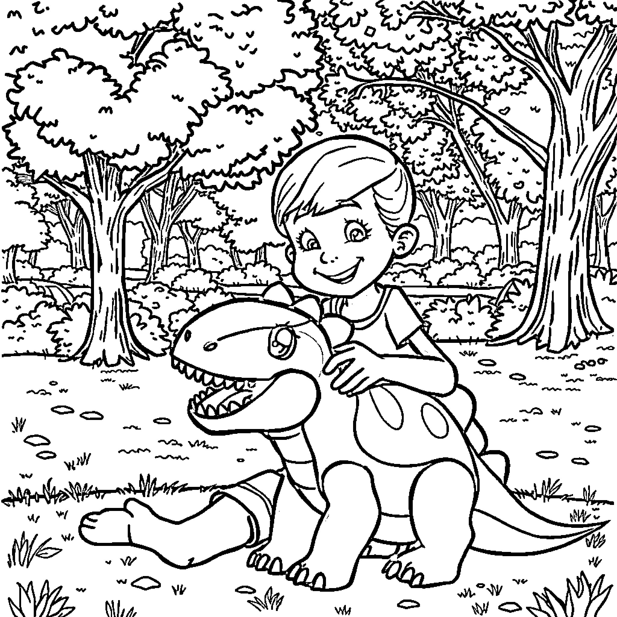 Dinosaur-loving boy in the forest Coloring Page (free black-and-white line drawing printable PDF for all, from beginners to advanced learners, including children, teens, adults, and seniors)