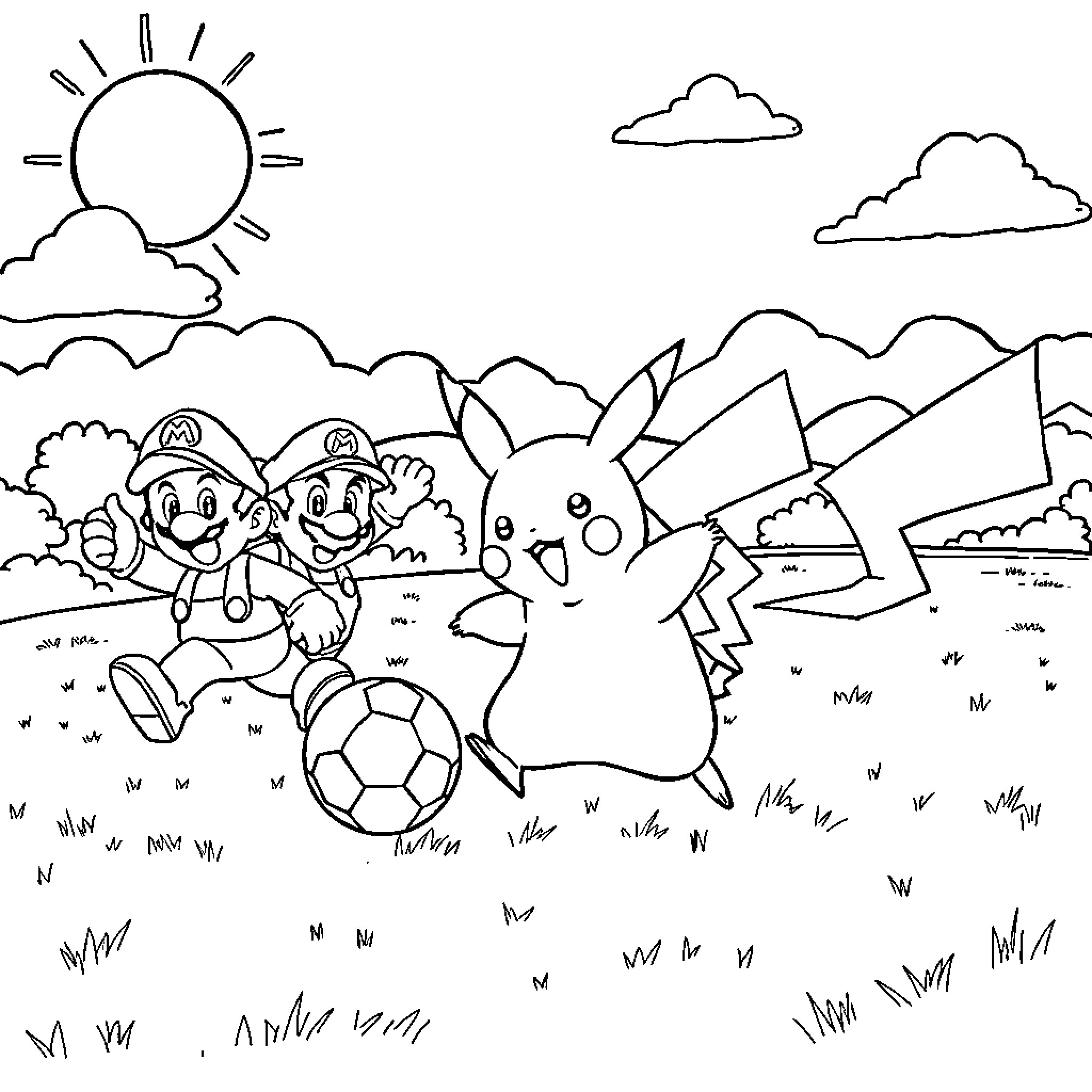 Pikachu playing soccer with Mario brothers in the field Coloring Page (free black-and-white line drawing printable PDF for all, from beginners to advanced learners, including children, teens, adults, and seniors)