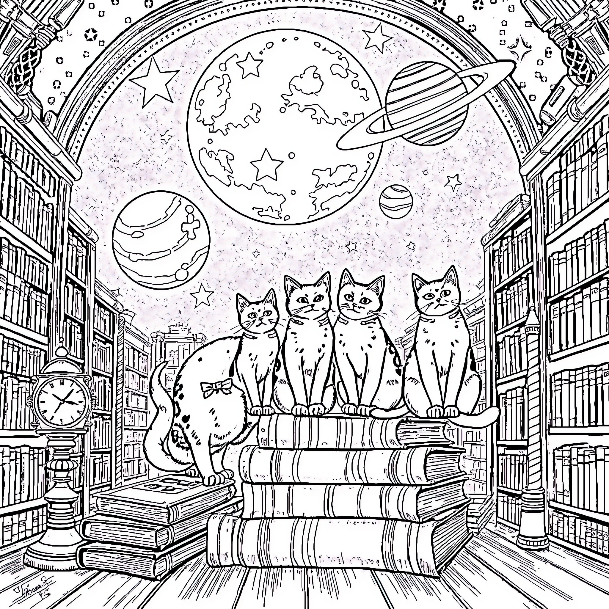 Cat Companions in a Cosmic Library Coloring Page (free black-and-white line drawing printable PDF for all, from beginners to advanced learners, including children, teens, adults, and seniors)