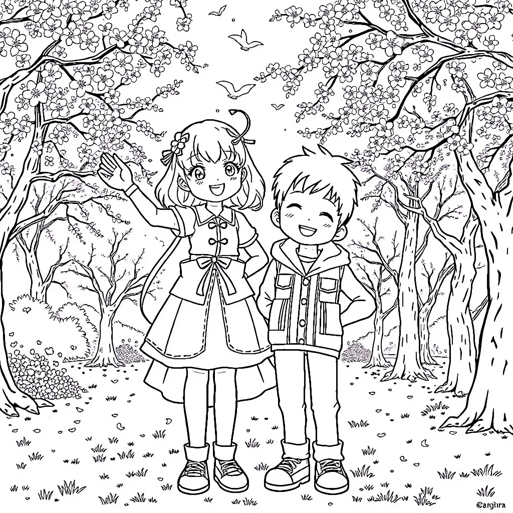 Sakura Blossoms and Two Cheerful Friends Coloring Page (free black-and-white line drawing printable PDF for all, from beginners to advanced learners, including children, teens, adults, and seniors)