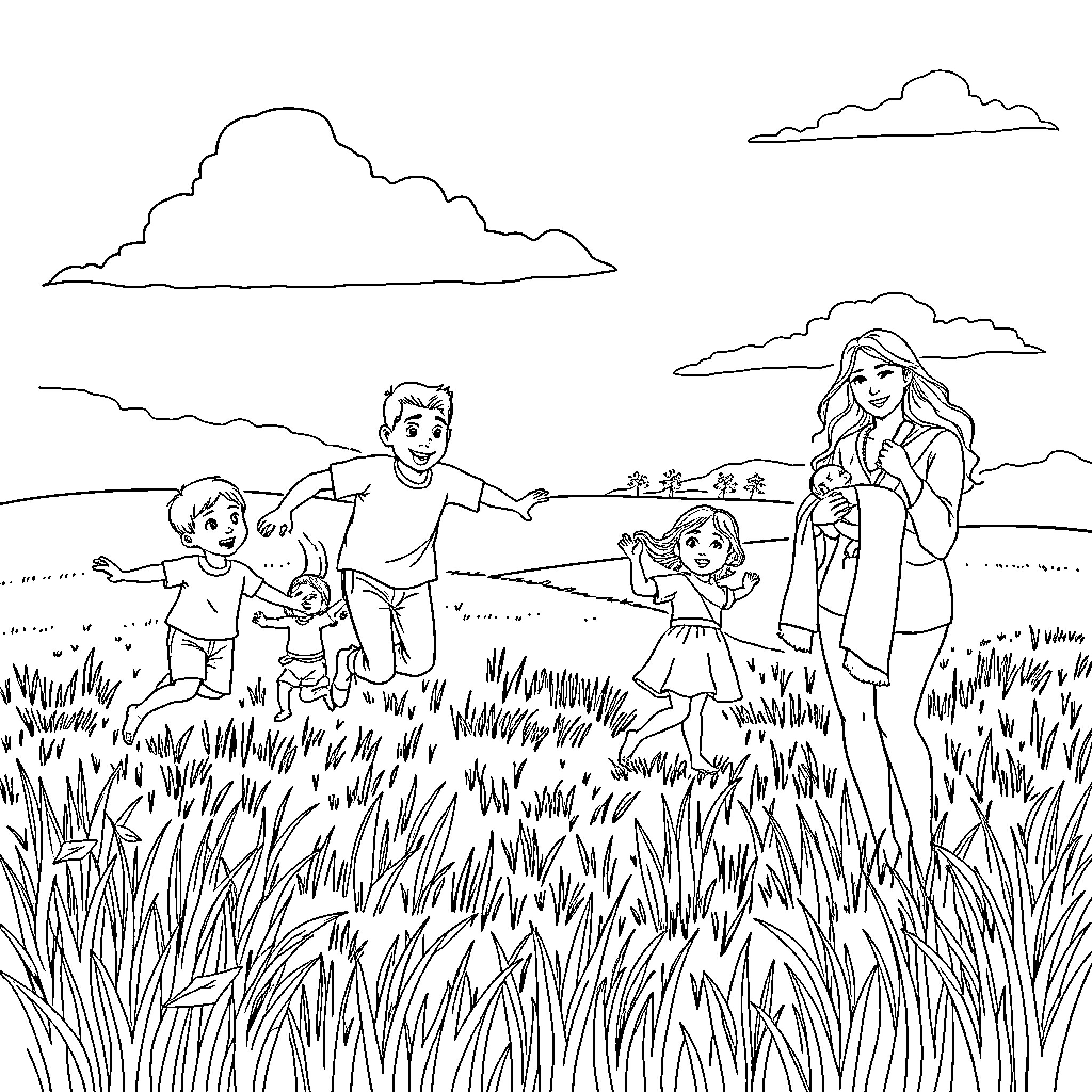 Family enjoying outdoor adventure in nature Coloring Page (free black-and-white line drawing printable PDF for all, from beginners to advanced learners, including children, teens, adults, and seniors)