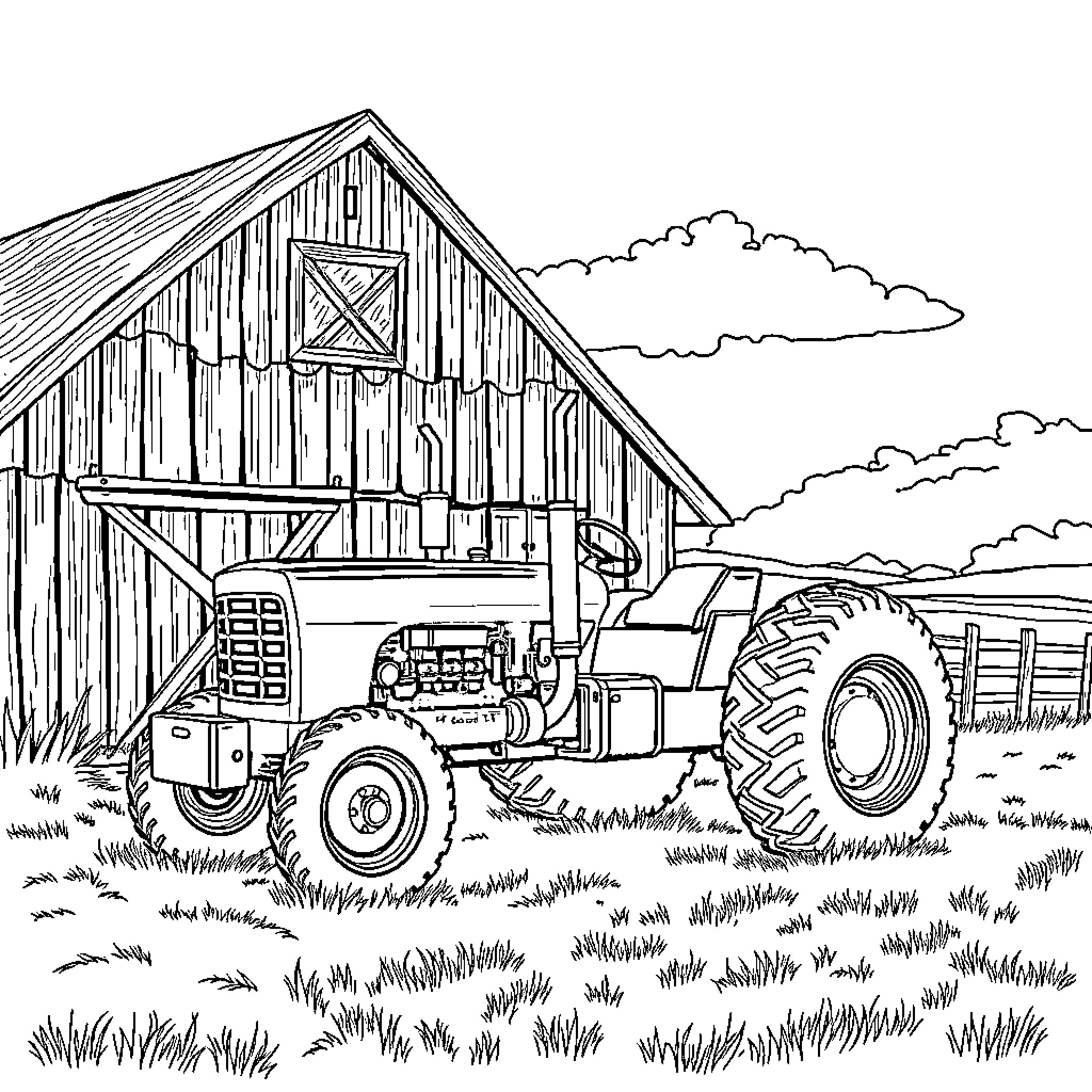 Tractor working diligently on a farm landscape Coloring Page (free black-and-white line drawing printable PDF for all, from beginners to advanced learners, including children, teens, adults, and seniors)