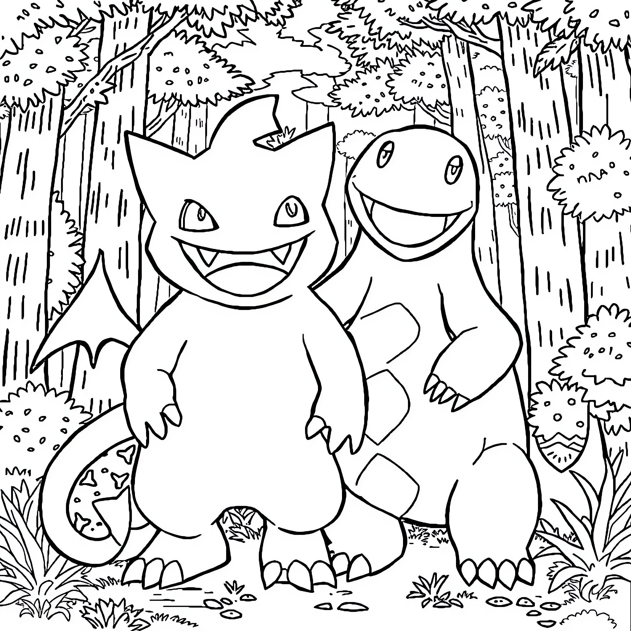 Gengar and Charmander Exploring the Forest Coloring Page (free black-and-white line drawing printable PDF for all, from beginners to advanced learners, including children, teens, adults, and seniors)
