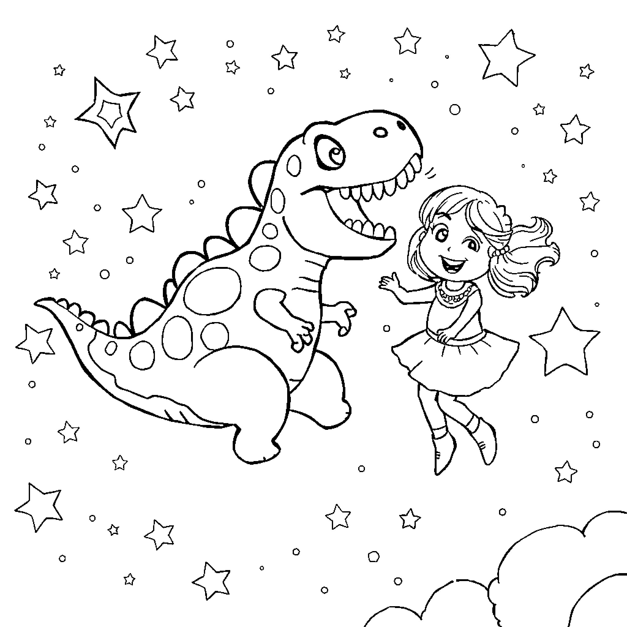 Dinosaur and Girl Playing Happily in the Starry Night Coloring Page (free black-and-white line drawing printable PDF for all, from beginners to advanced learners, including children, teens, adults, and seniors)