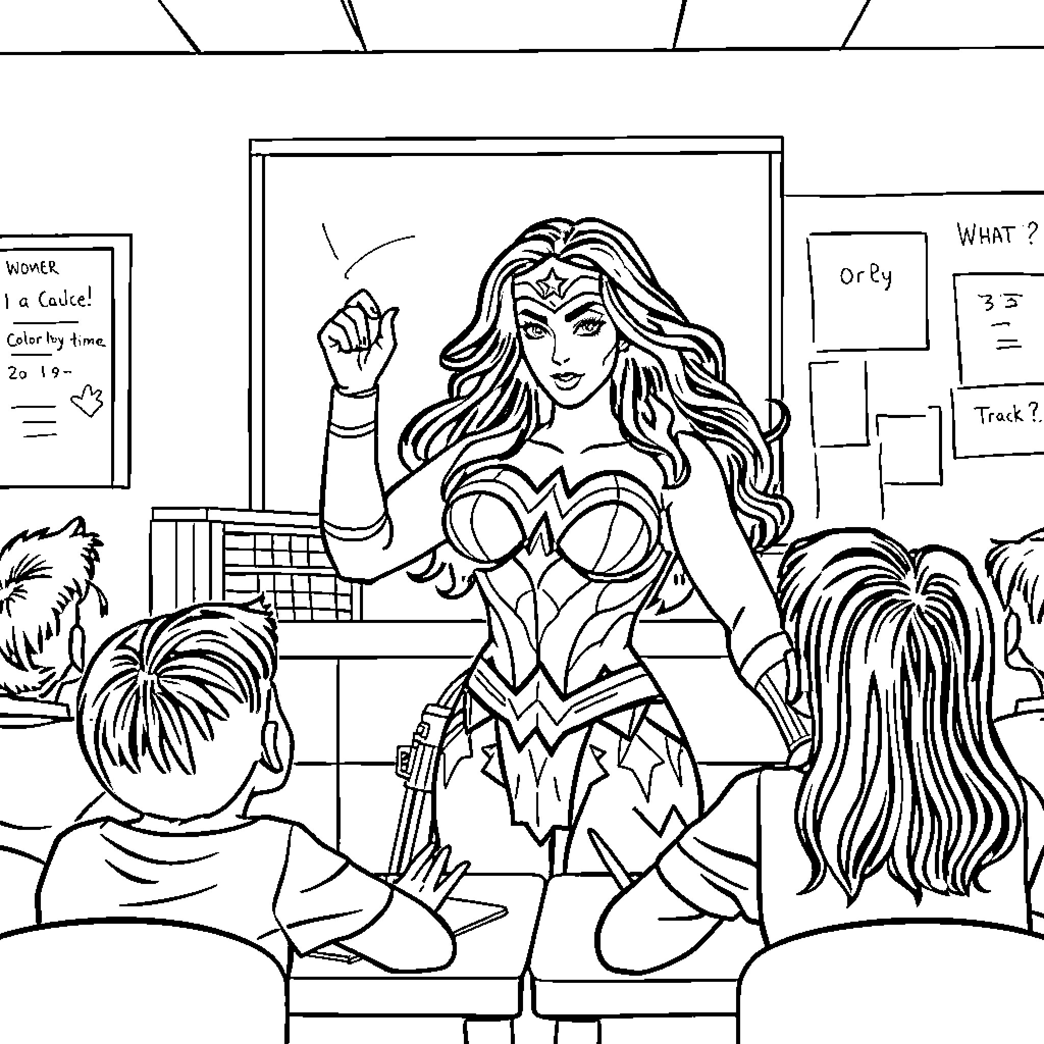 Wonder Woman Teaching Students in the Classroom Coloring Page (free black-and-white line drawing printable PDF for all, from beginners to advanced learners, including children, teens, adults, and seniors)