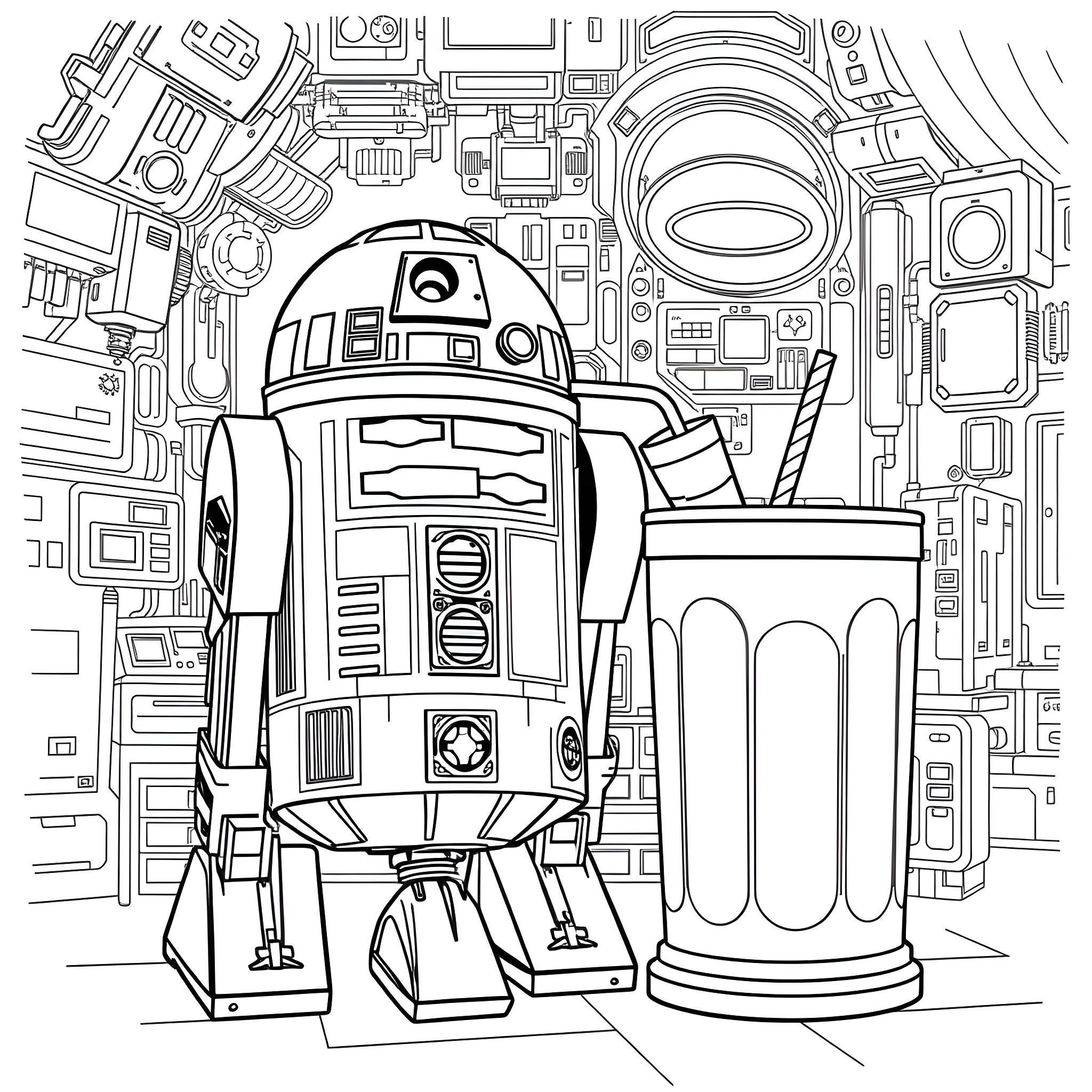 R2D2 Surrounded by Futuristic Machinery Coloring Page (free black-and-white line drawing printable PDF for all, from beginners to advanced learners, including children, teens, adults, and seniors)