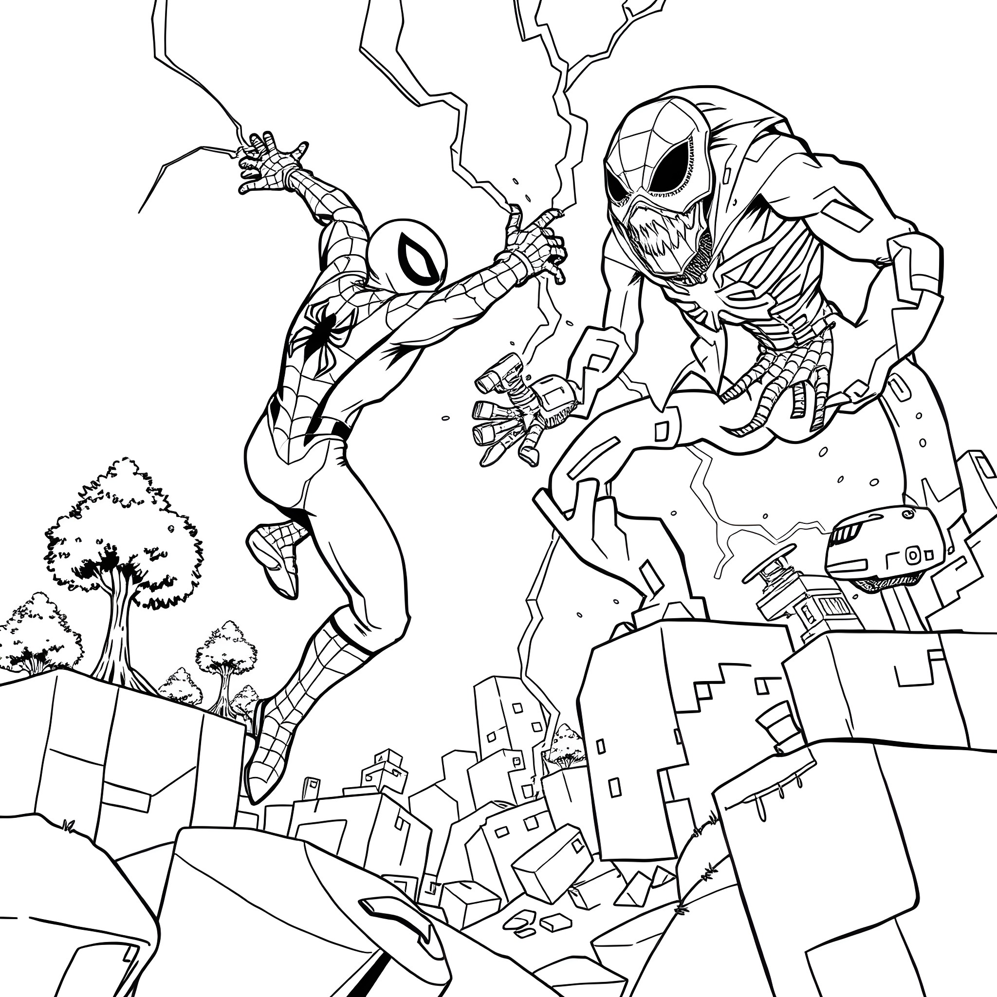 Spiderman and Symbiote Venom battling in the city Coloring Page (free black-and-white line drawing printable PDF for all, from beginners to advanced learners, including children, teens, adults, and seniors)
