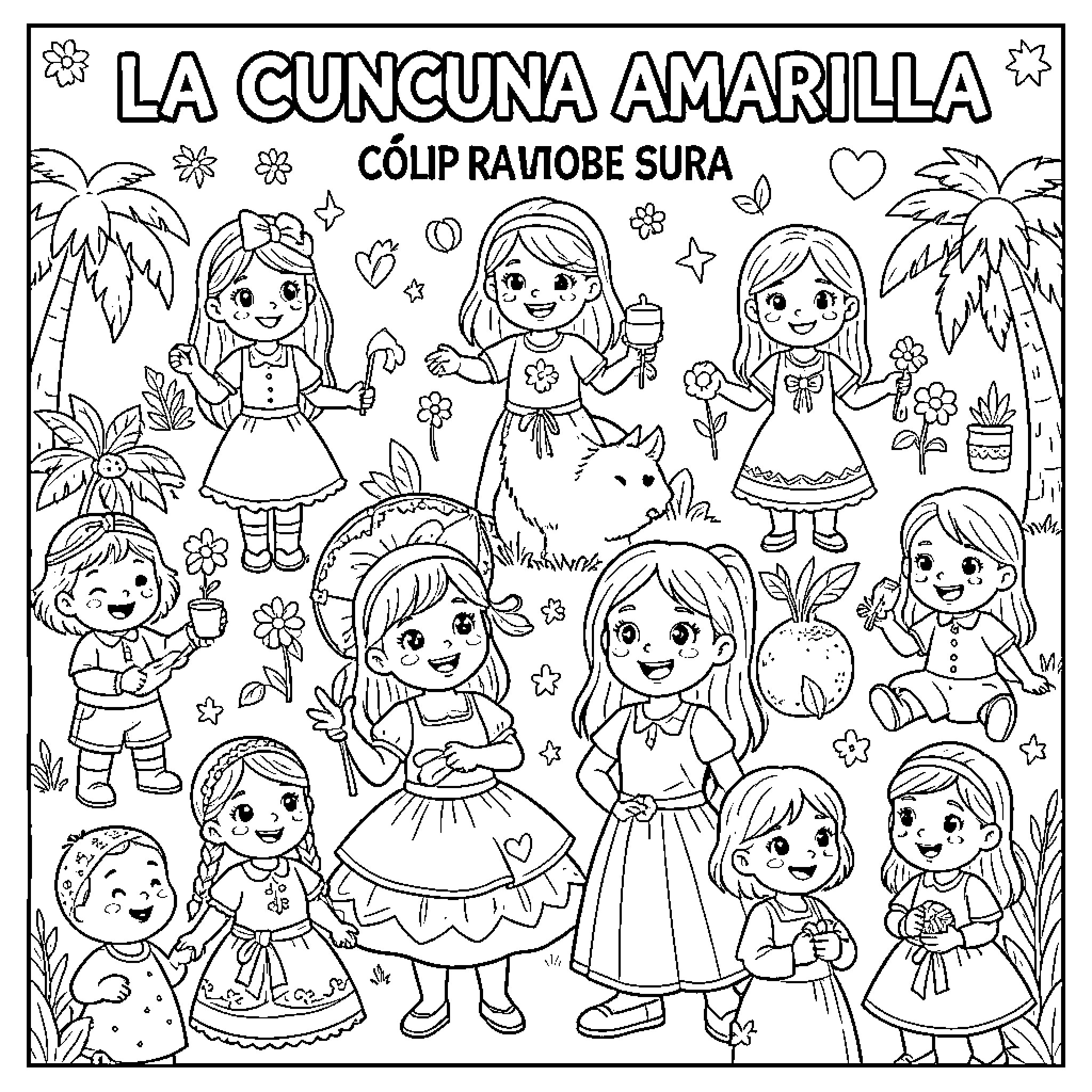 Cuncuna girls smiling and playing in a garden Coloring Page (free black-and-white line drawing printable PDF for all, from beginners to advanced learners, including children, teens, adults, and seniors)
