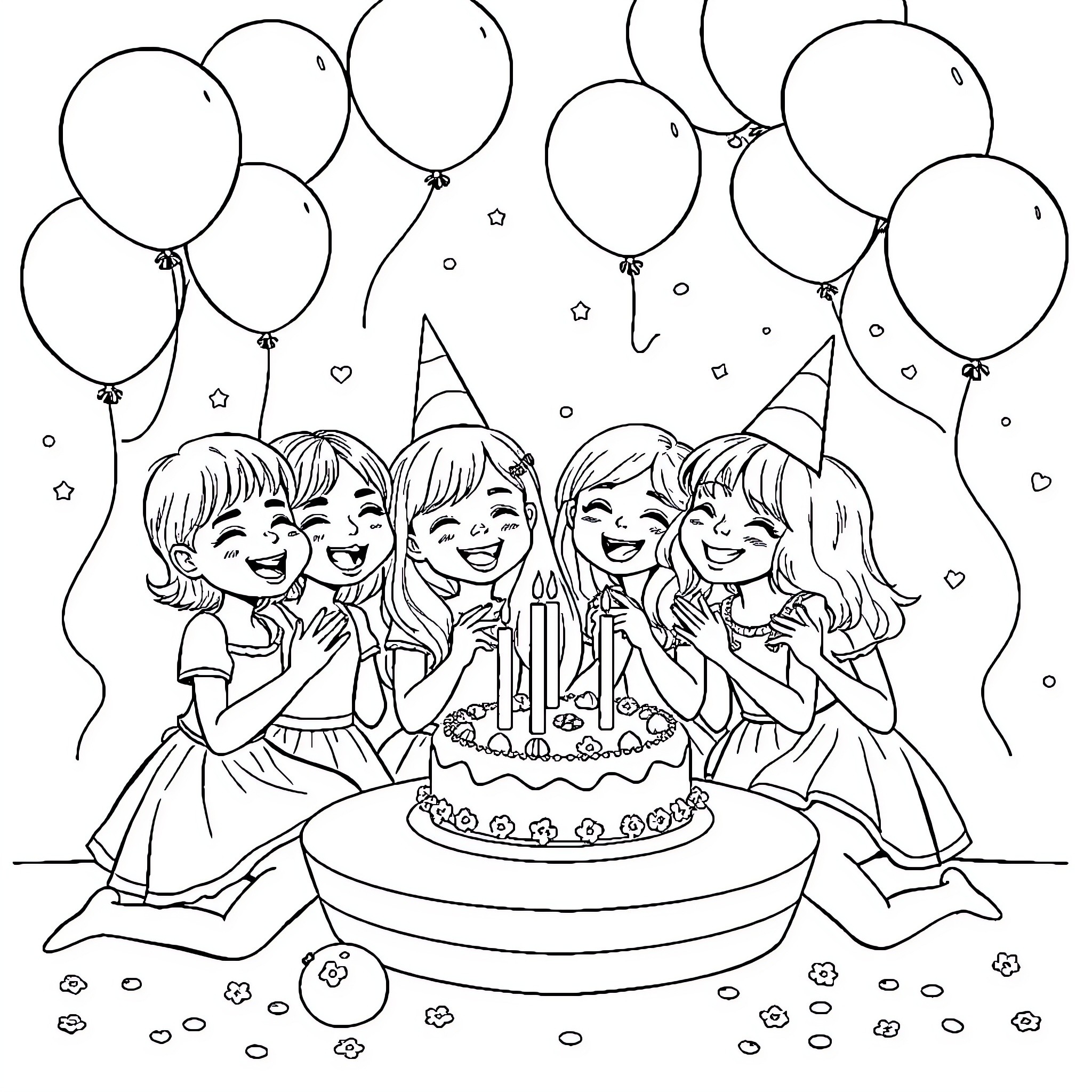 Fille celebrating birthday with friends and cake Coloring Page (free black-and-white line drawing printable PDF for all, from beginners to advanced learners, including children, teens, adults, and seniors)