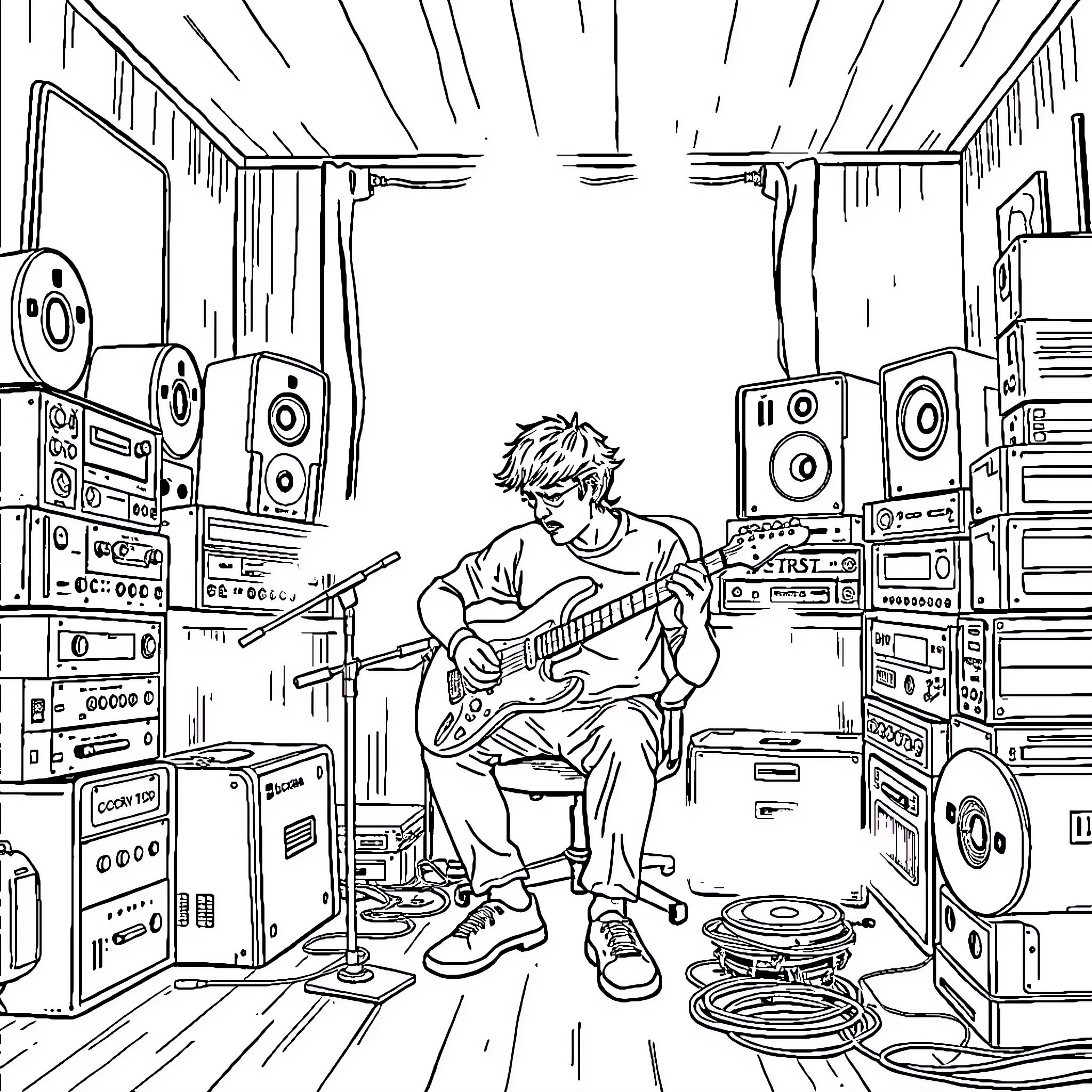 Guitar Player Surrounded by Music Equipment Coloring Page (free black-and-white line drawing printable PDF for all, from beginners to advanced learners, including children, teens, adults, and seniors)