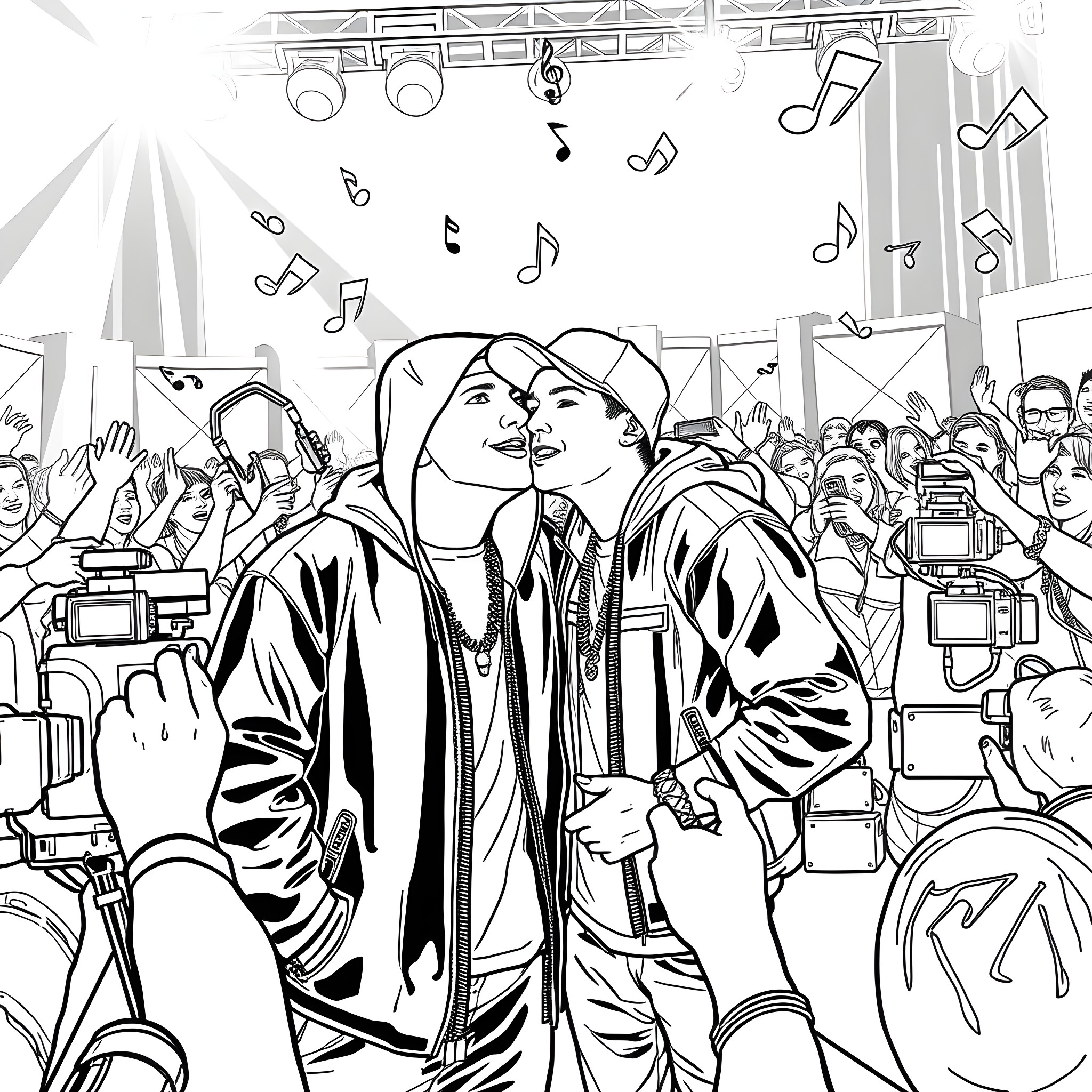 Eminem Performing on Stage with Crowd Excitement Coloring Page (free black-and-white line drawing printable PDF for all, from beginners to advanced learners, including children, teens, adults, and seniors)