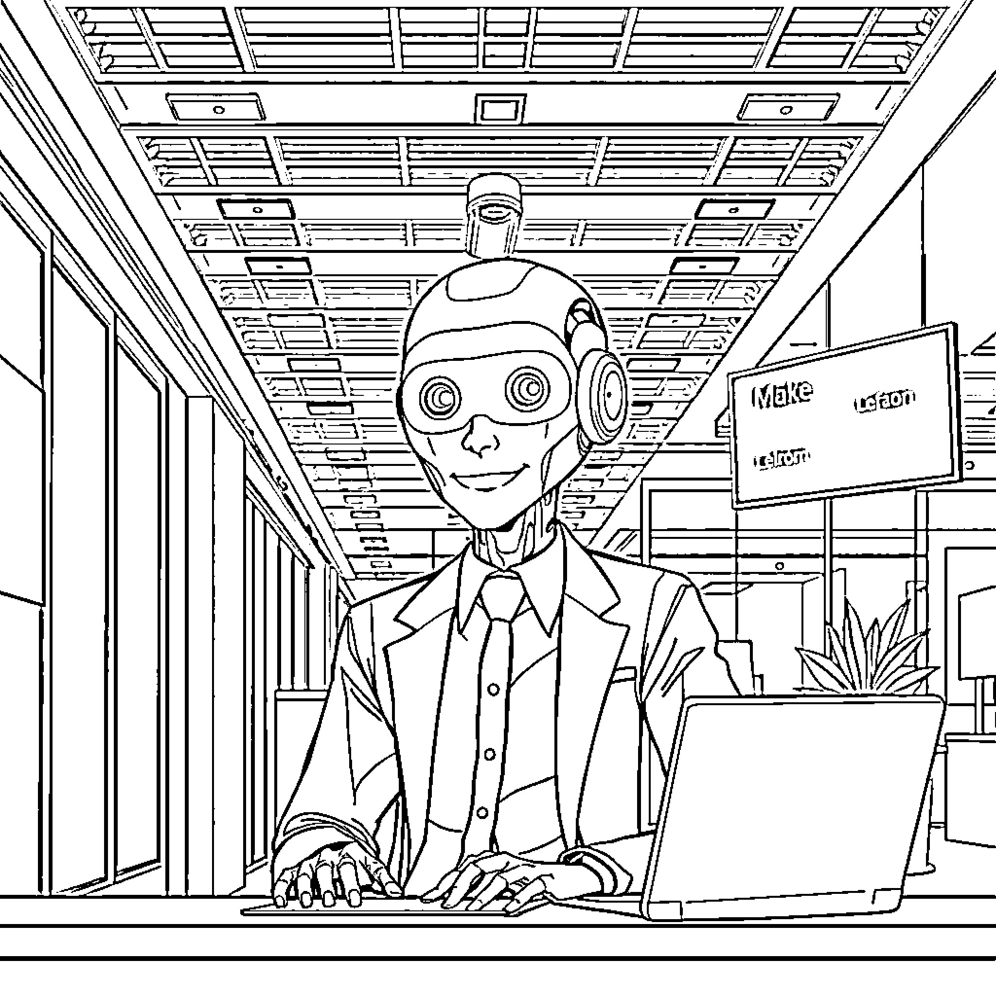 Artificial Intelligence Robot Working at the Office Coloring Page (free black-and-white line drawing printable PDF for all, from beginners to advanced learners, including children, teens, adults, and seniors)