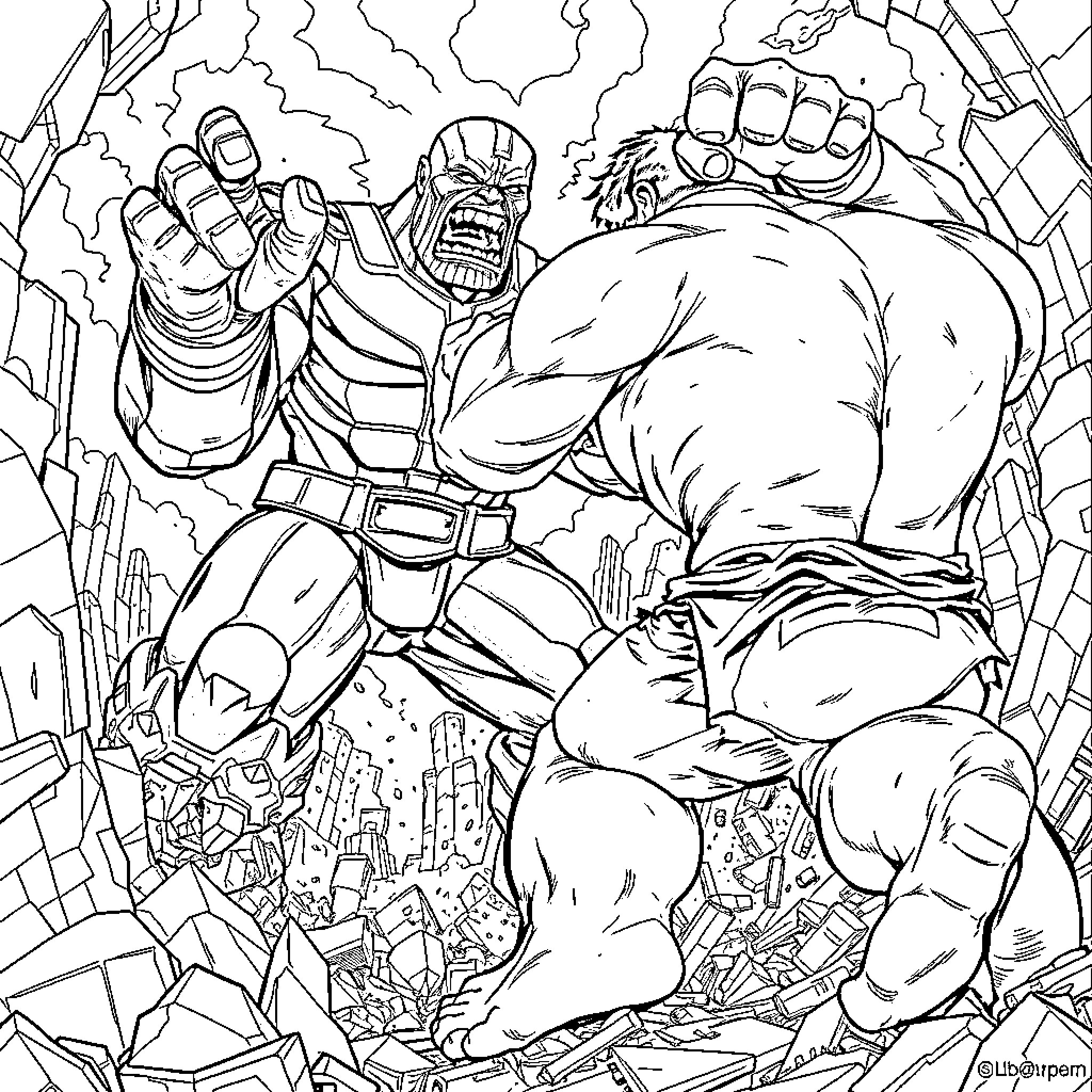 Thanos unleashing his wrath upon the city Coloring Page (free black-and-white line drawing printable PDF for all, from beginners to advanced learners, including children, teens, adults, and seniors)