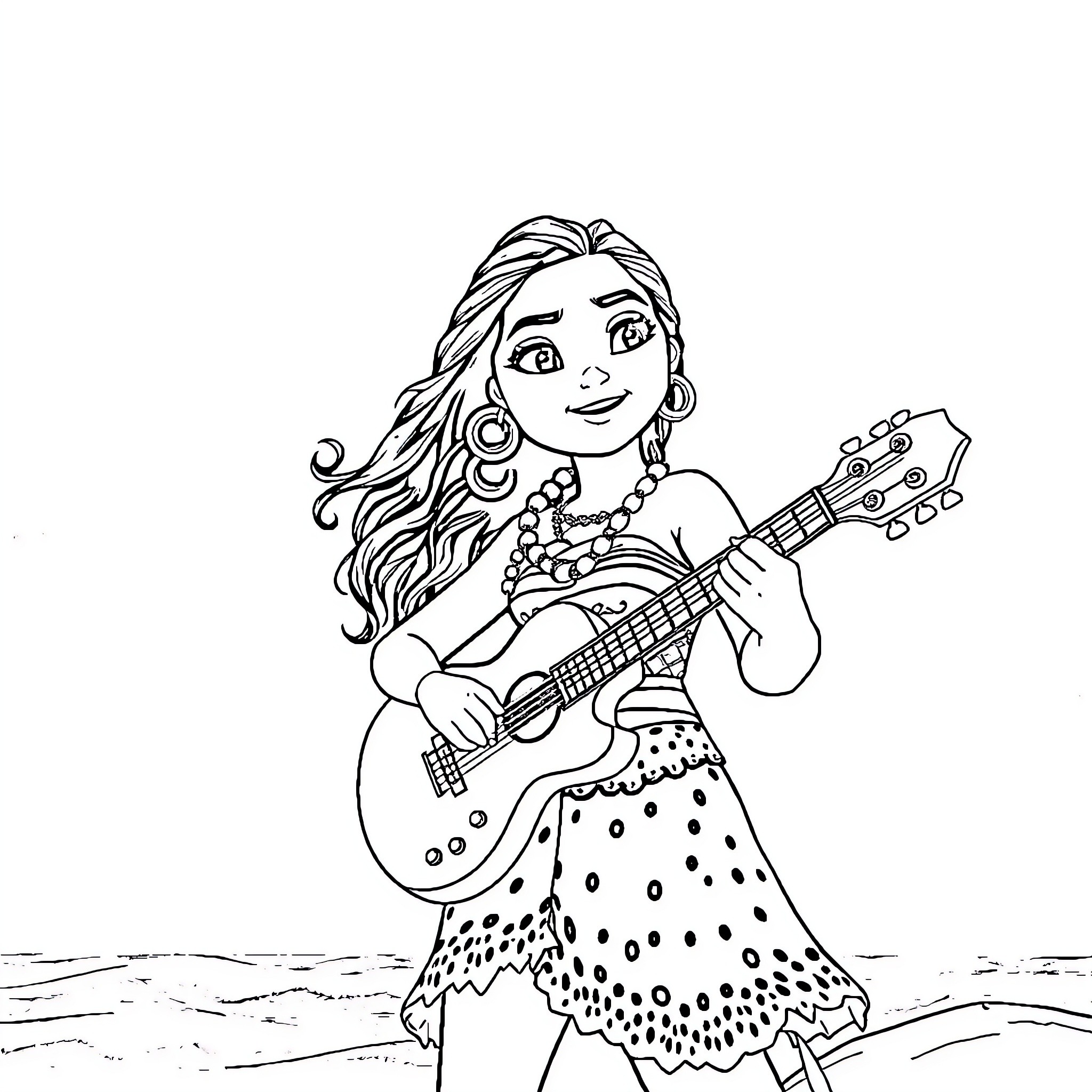 Moana strumming her guitar happily on the beach Coloring Page (free black-and-white line drawing printable PDF for all, from beginners to advanced learners, including children, teens, adults, and seniors)