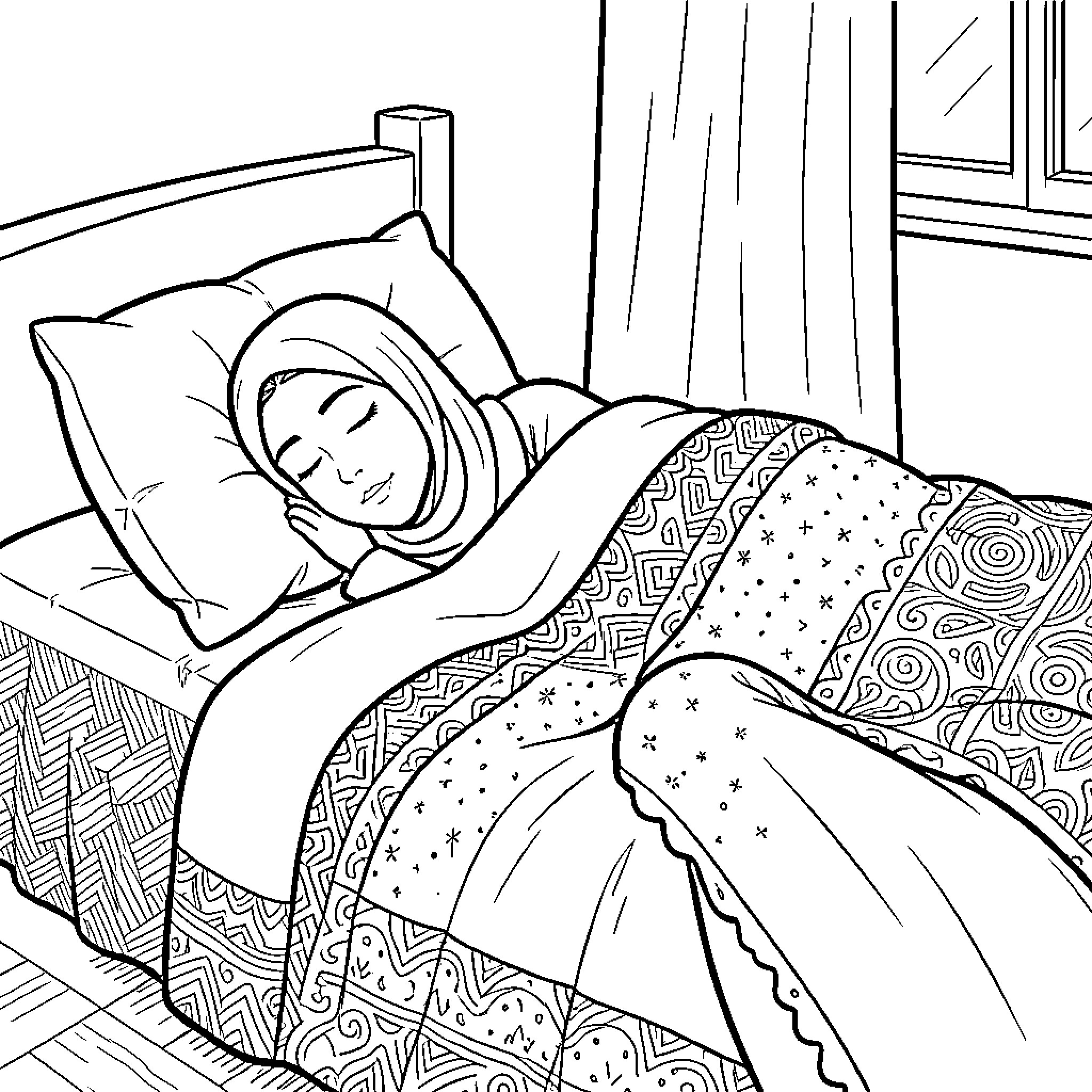 Kenza sleeping peacefully in bed under a patterned quilt Coloring Page (free black-and-white line drawing printable PDF for all, from beginners to advanced learners, including children, teens, adults, and seniors)