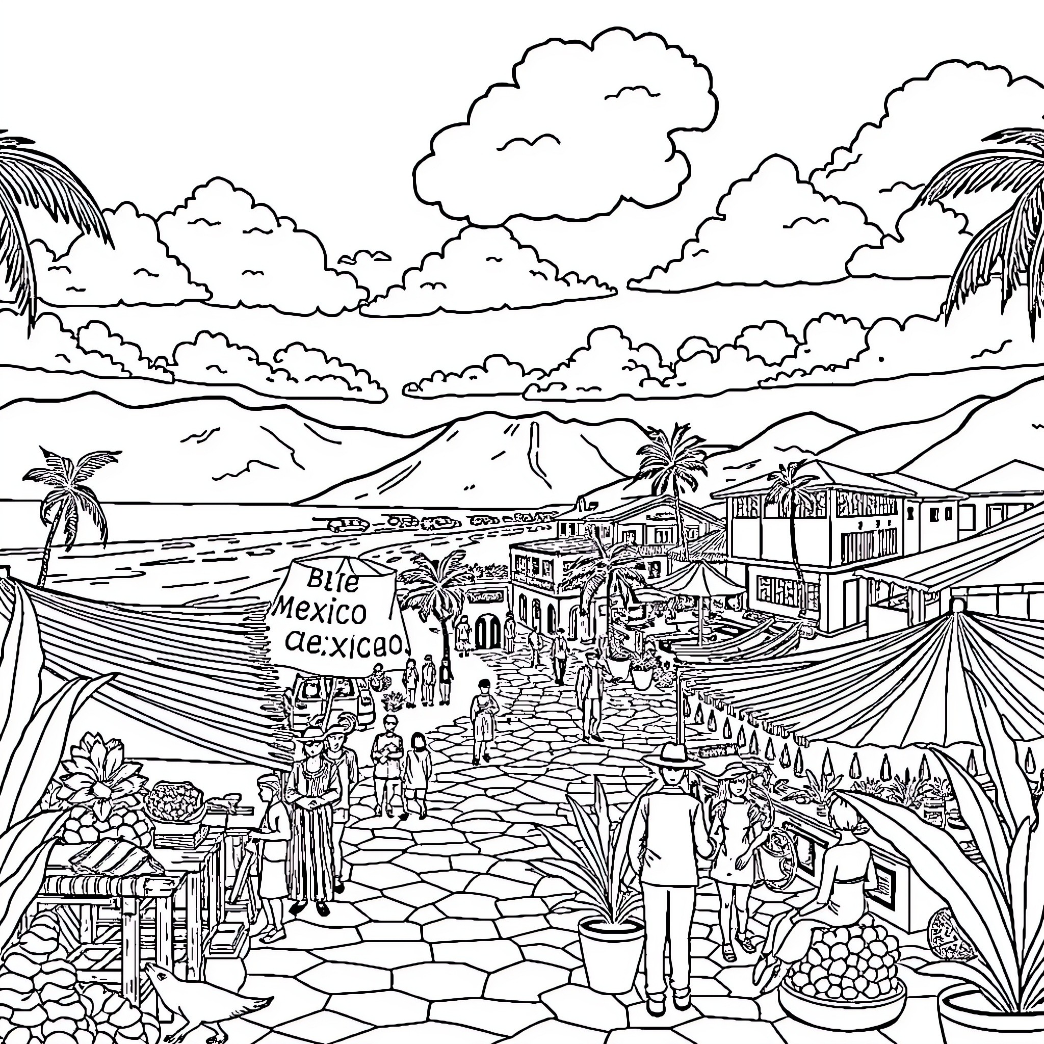 Mexico Bustling Marketplace with Diverse Scenes Coloring Page (free black-and-white line drawing printable PDF for all, from beginners to advanced learners, including children, teens, adults, and seniors)