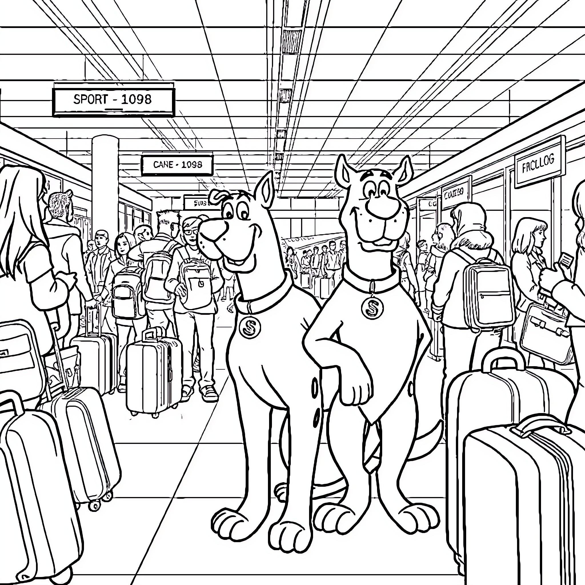 Scooby Doo at the Busy Airport Terminal Coloring Page (free black-and-white line drawing printable PDF for all, from beginners to advanced learners, including children, teens, adults, and seniors)