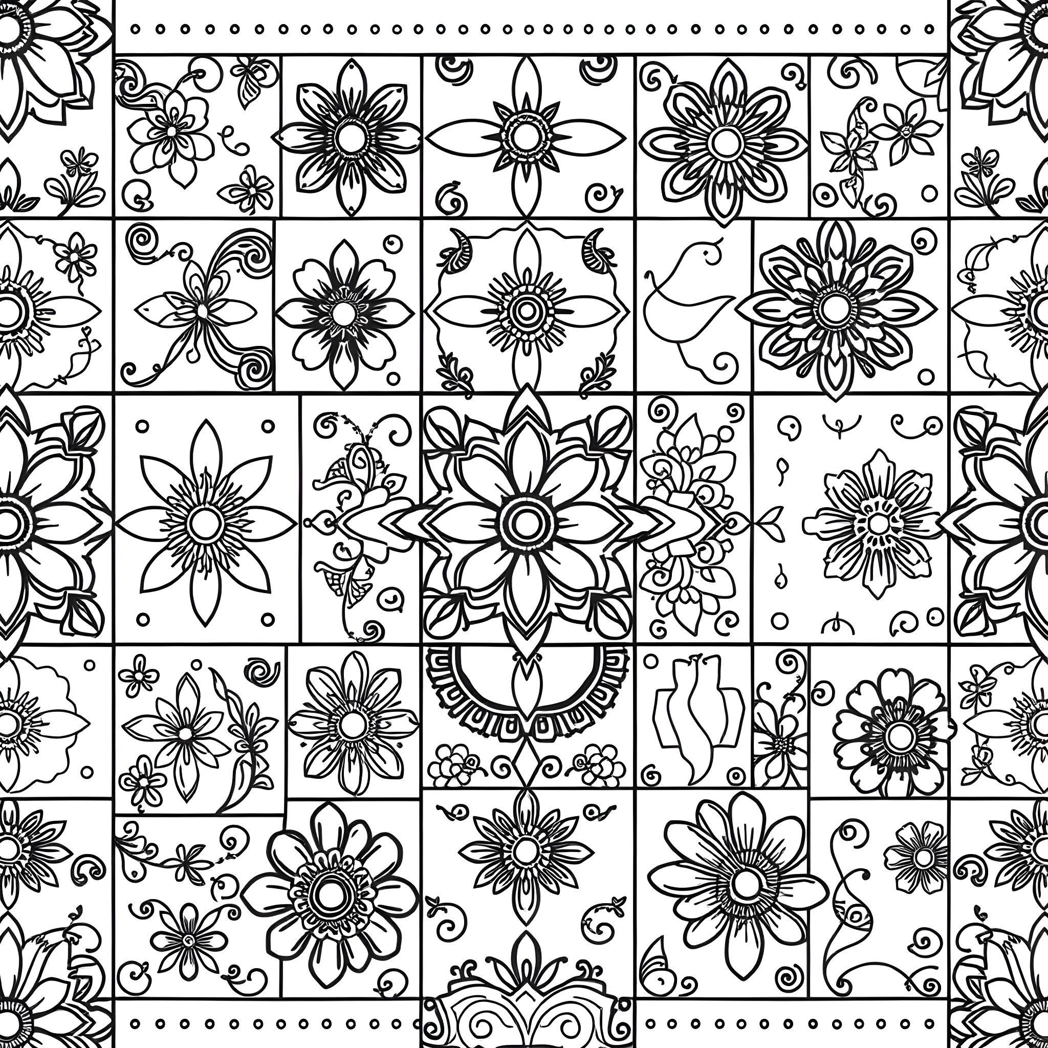 Patchwork of Ornate Floral Patterns Coloring Page (free black-and-white line drawing printable PDF for all, from beginners to advanced learners, including children, teens, adults, and seniors)