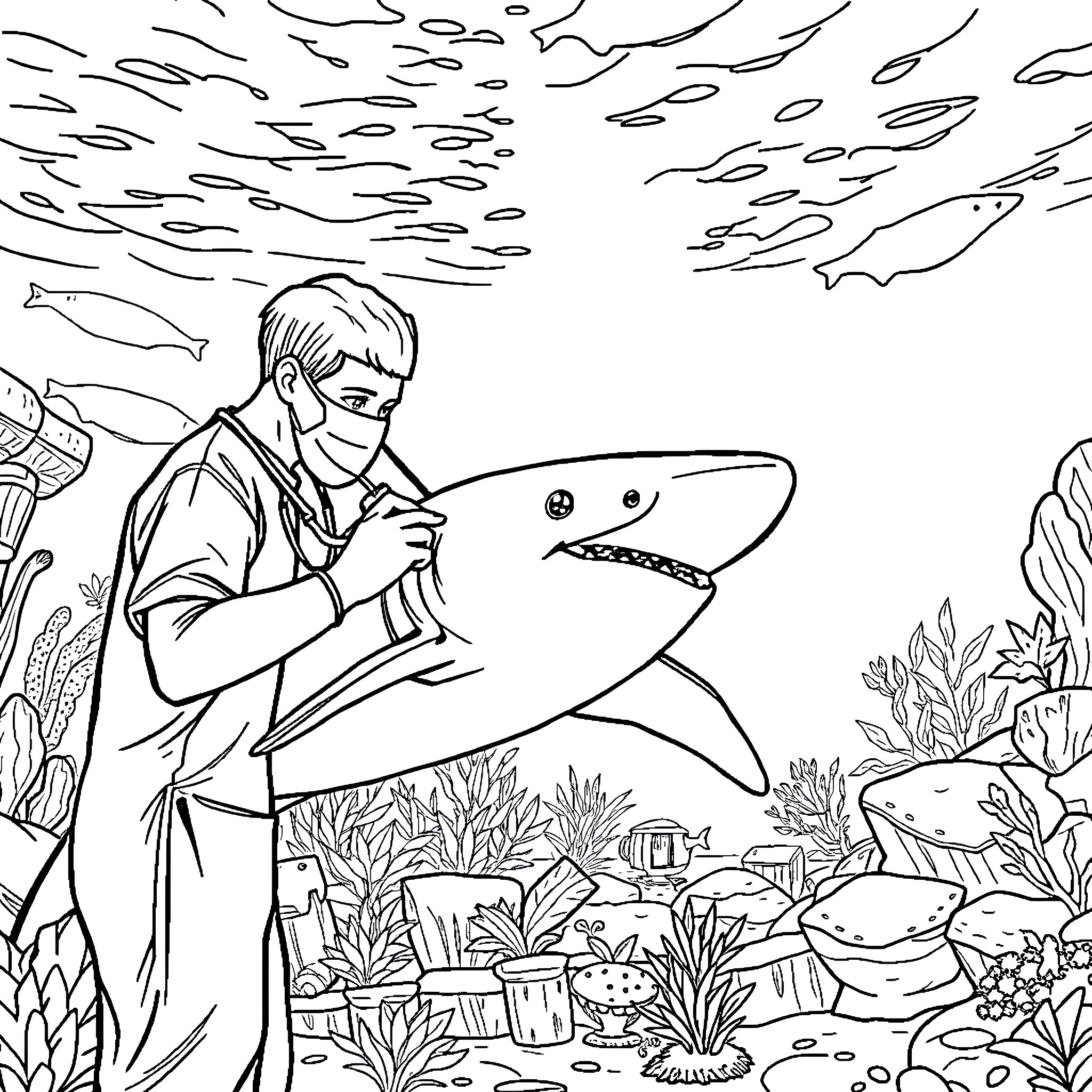 Shark encounter with scientist in the ocean Coloring Page (free black-and-white line drawing printable PDF for all, from beginners to advanced learners, including children, teens, adults, and seniors)