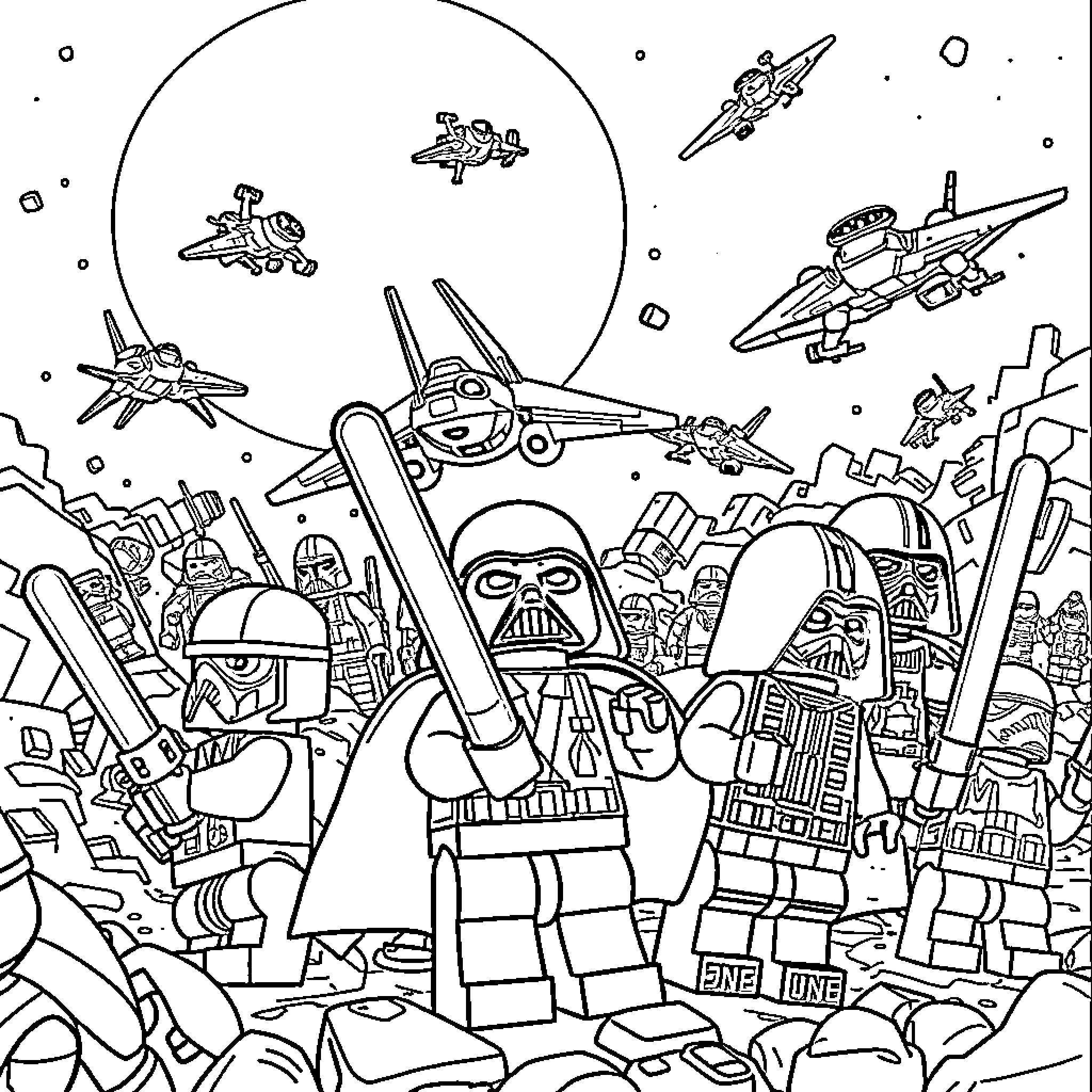Lego Star Wars action-packed battle in space Coloring Page (free black-and-white line drawing printable PDF for all, from beginners to advanced learners, including children, teens, adults, and seniors)