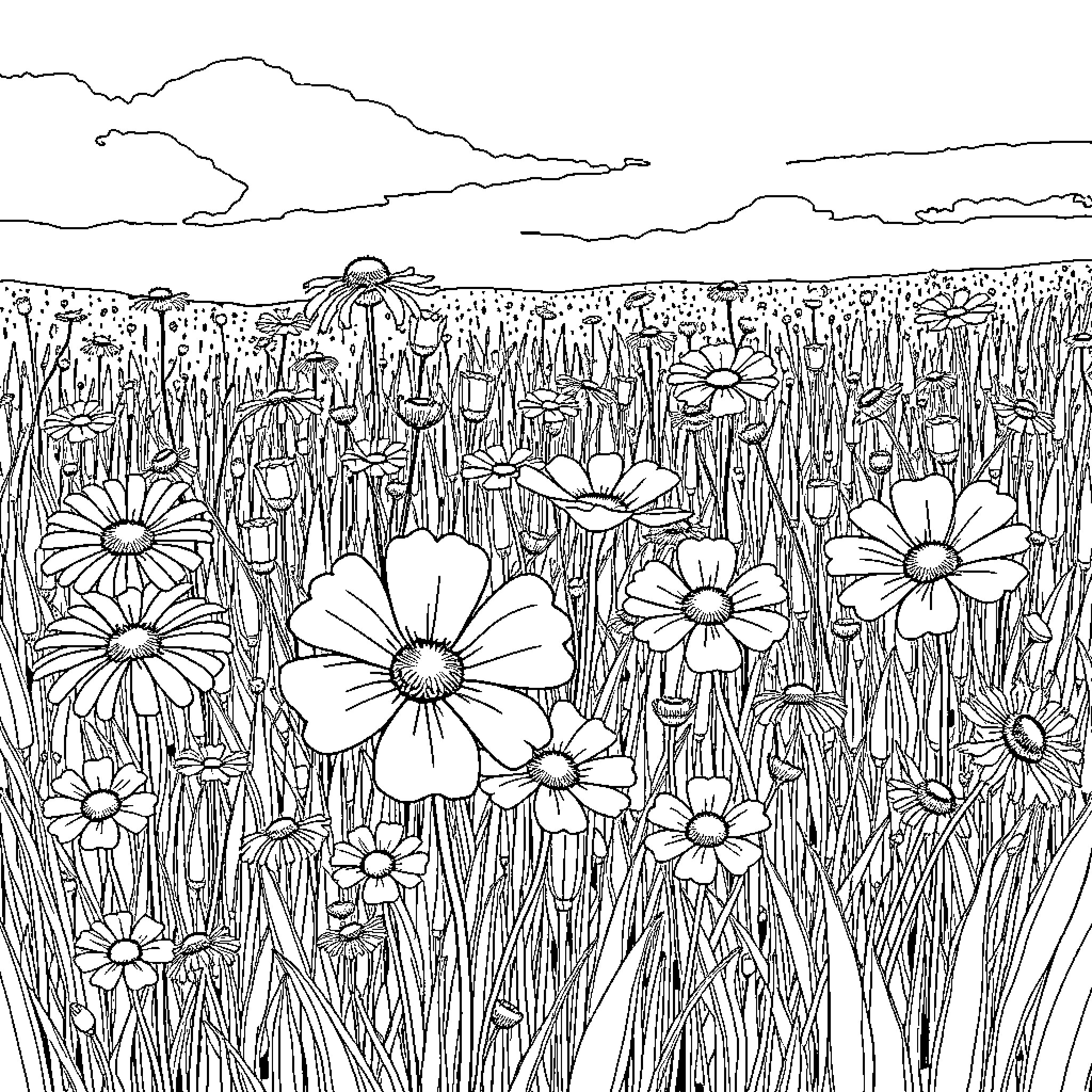 Wildflower meadow in the countryside Coloring Page (free black-and-white line drawing printable PDF for all, from beginners to advanced learners, including children, teens, adults, and seniors)