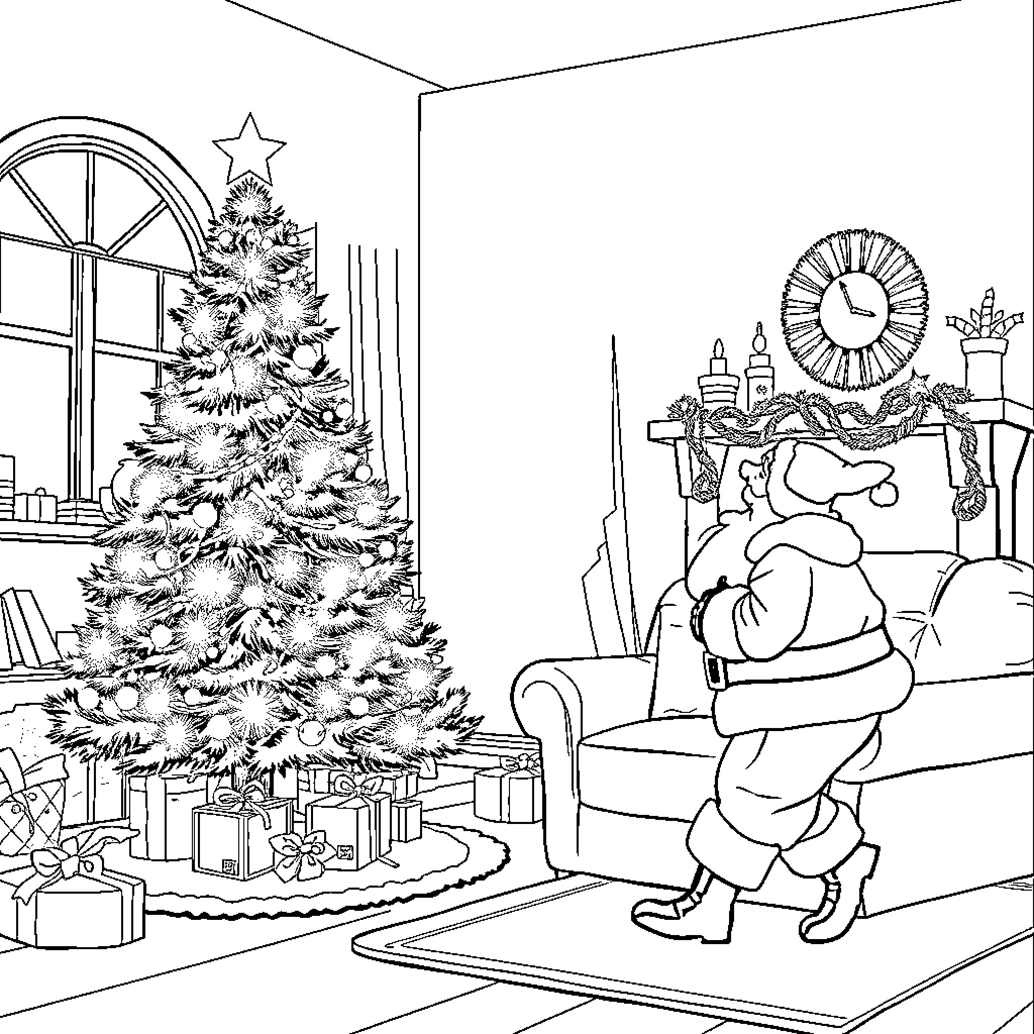 Christmas Tree Decorated with Ornaments and Santa Claus Coloring Page (free black-and-white line drawing printable PDF for all, from beginners to advanced learners, including children, teens, adults, and seniors)