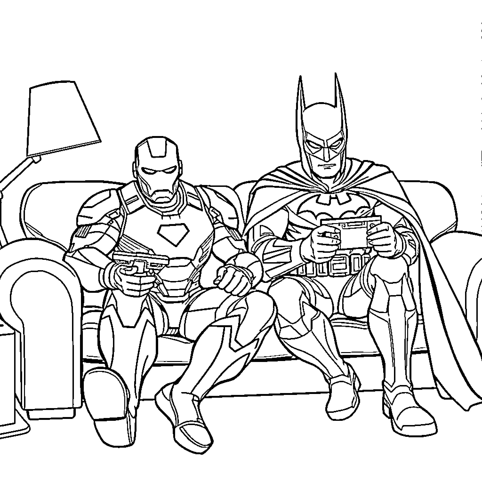 Iron Man and Batman Relaxing on Couch Coloring Page (free black-and-white line drawing printable PDF for all, from beginners to advanced learners, including children, teens, adults, and seniors)