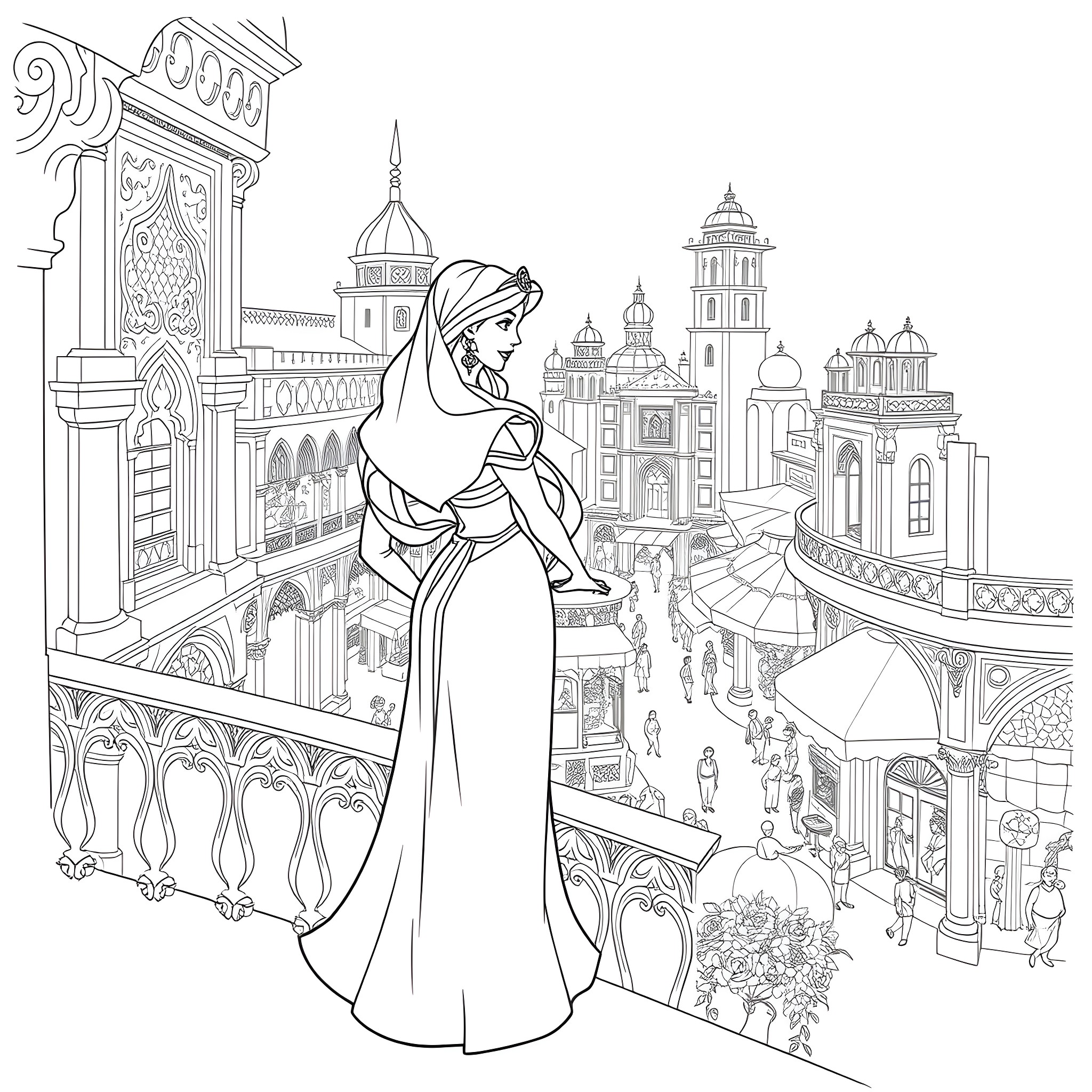 Jasmine admiring the vibrant city from the palace balcony Coloring Page (free black-and-white line drawing printable PDF for all, from beginners to advanced learners, including children, teens, adults, and seniors)
