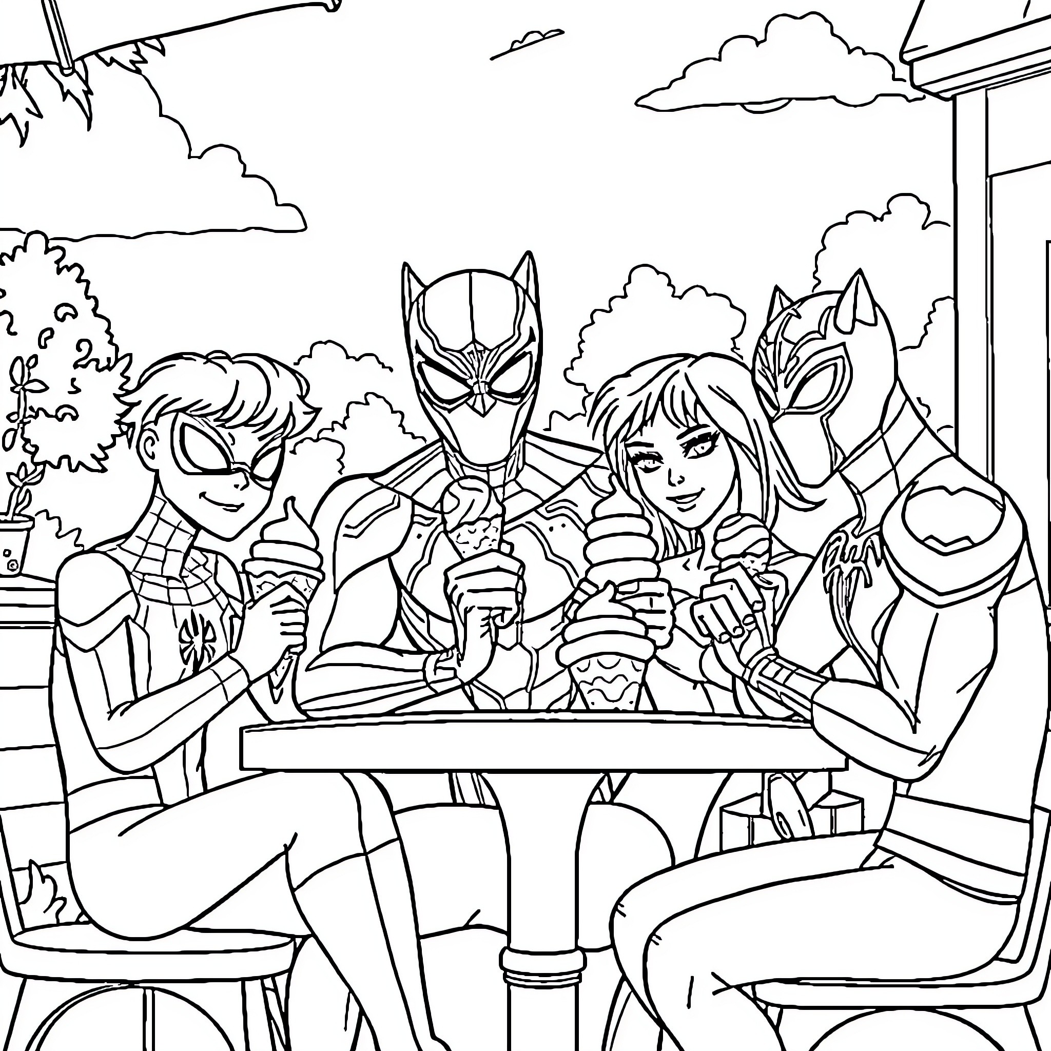 Black Panther and Superhero Friends Gathering Coloring Page (free black-and-white line drawing printable PDF for all, from beginners to advanced learners, including children, teens, adults, and seniors)
