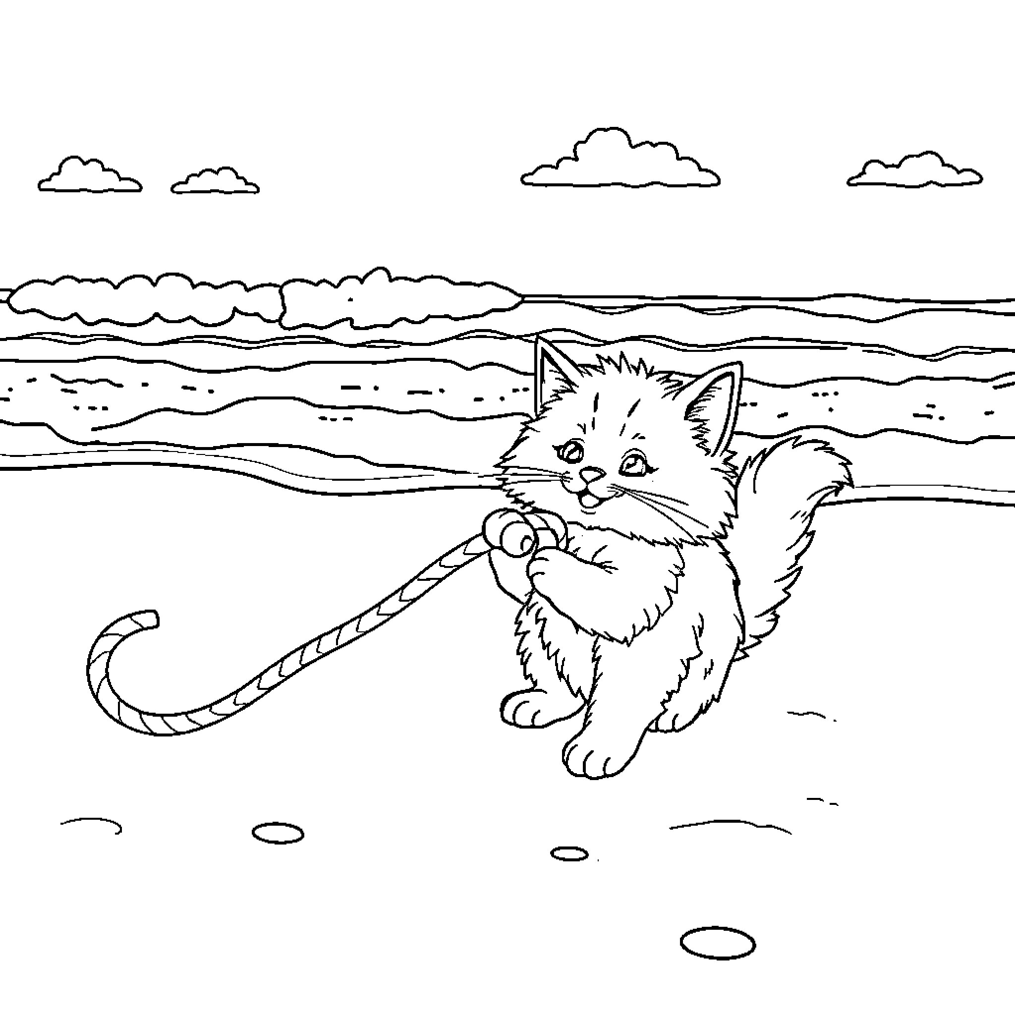 Cat playing with rope on the beach Coloring Page (free black-and-white line drawing printable PDF for all, from beginners to advanced learners, including children, teens, adults, and seniors)