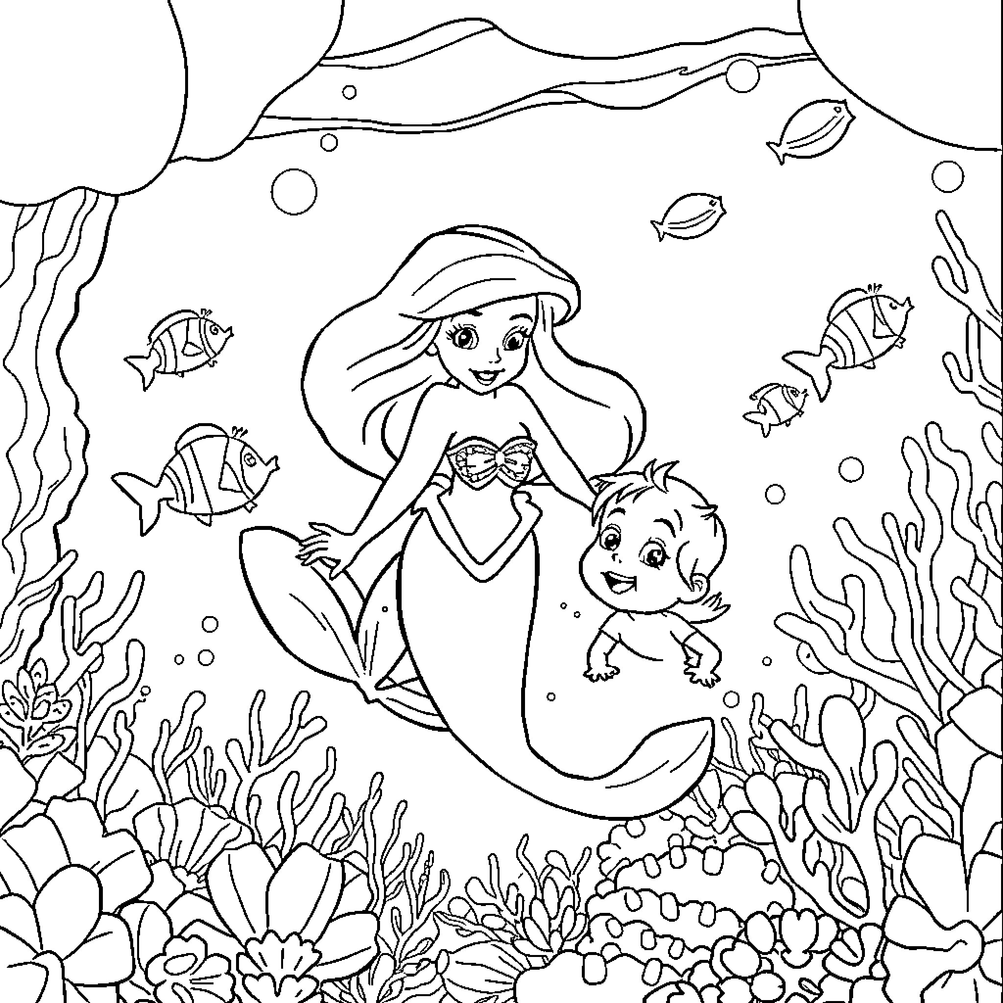 Mermaid and sea creatures in an underwater scene Coloring Page (free black-and-white line drawing printable PDF for all, from beginners to advanced learners, including children, teens, adults, and seniors)