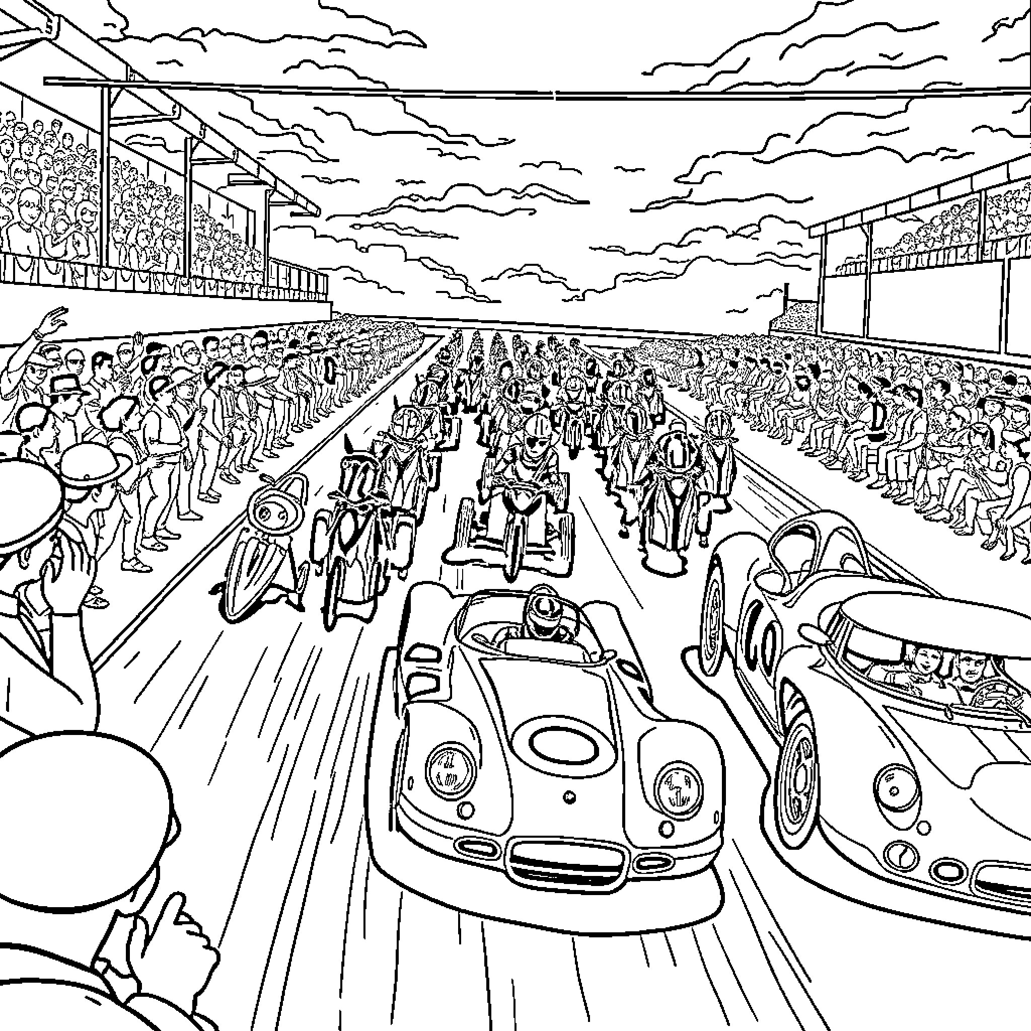 Car Racing: Competitive Vehicles and Enthusiastic Spectators Coloring Page (free black-and-white line drawing printable PDF for all, from beginners to advanced learners, including children, teens, adults, and seniors)