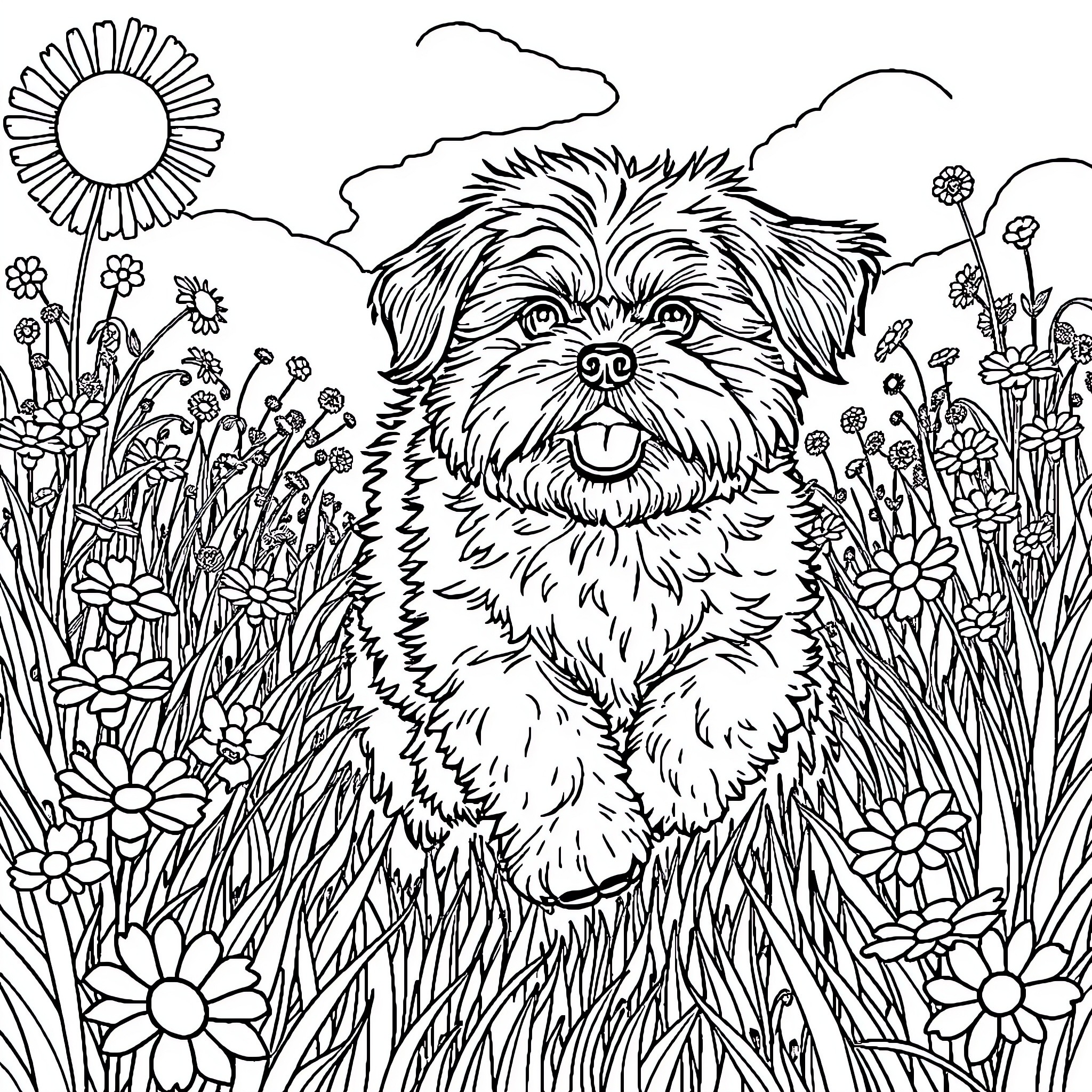 Shih Tzu enjoying a sunny day in a flower-filled field Coloring Page (free black-and-white line drawing printable PDF for all, from beginners to advanced learners, including children, teens, adults, and seniors)