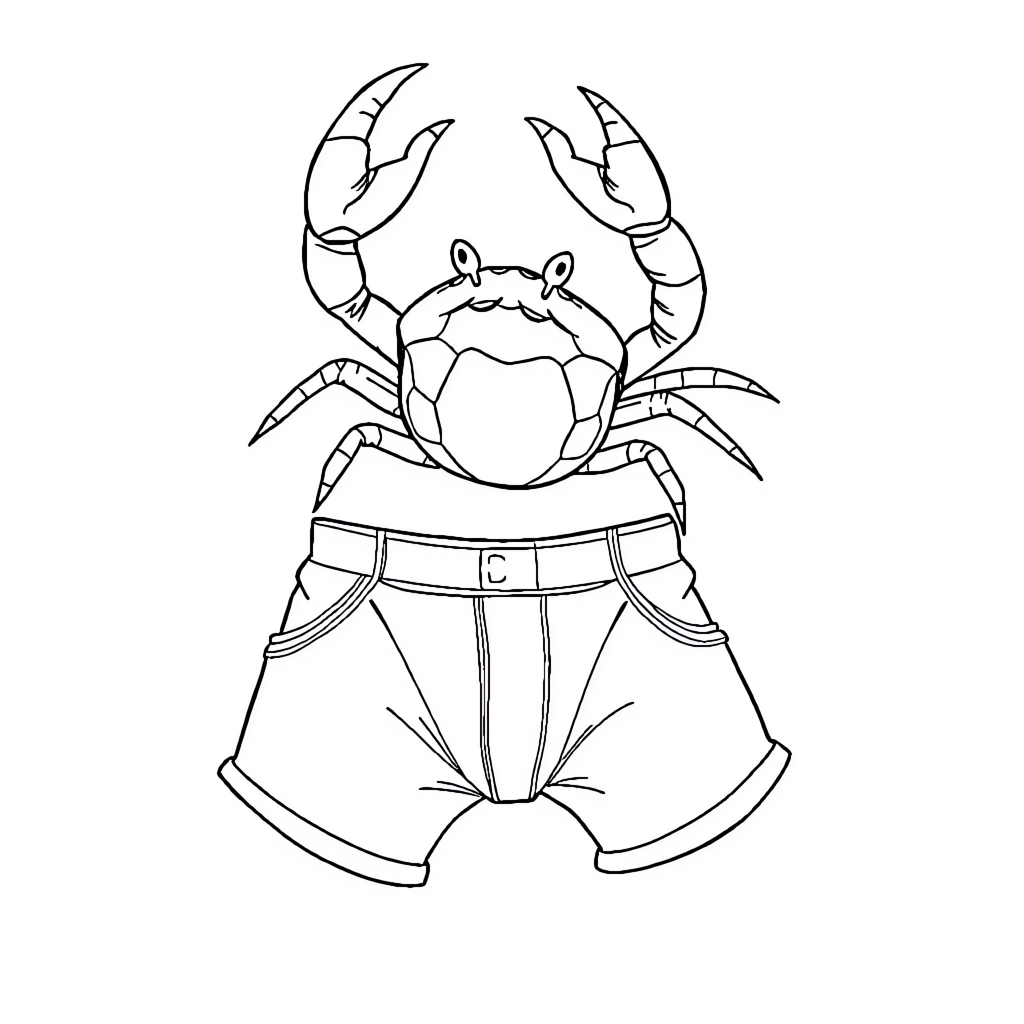 Crab wearing stylish shorts Coloring Page (free black-and-white line drawing printable PDF for all, from beginners to advanced learners, including children, teens, adults, and seniors)