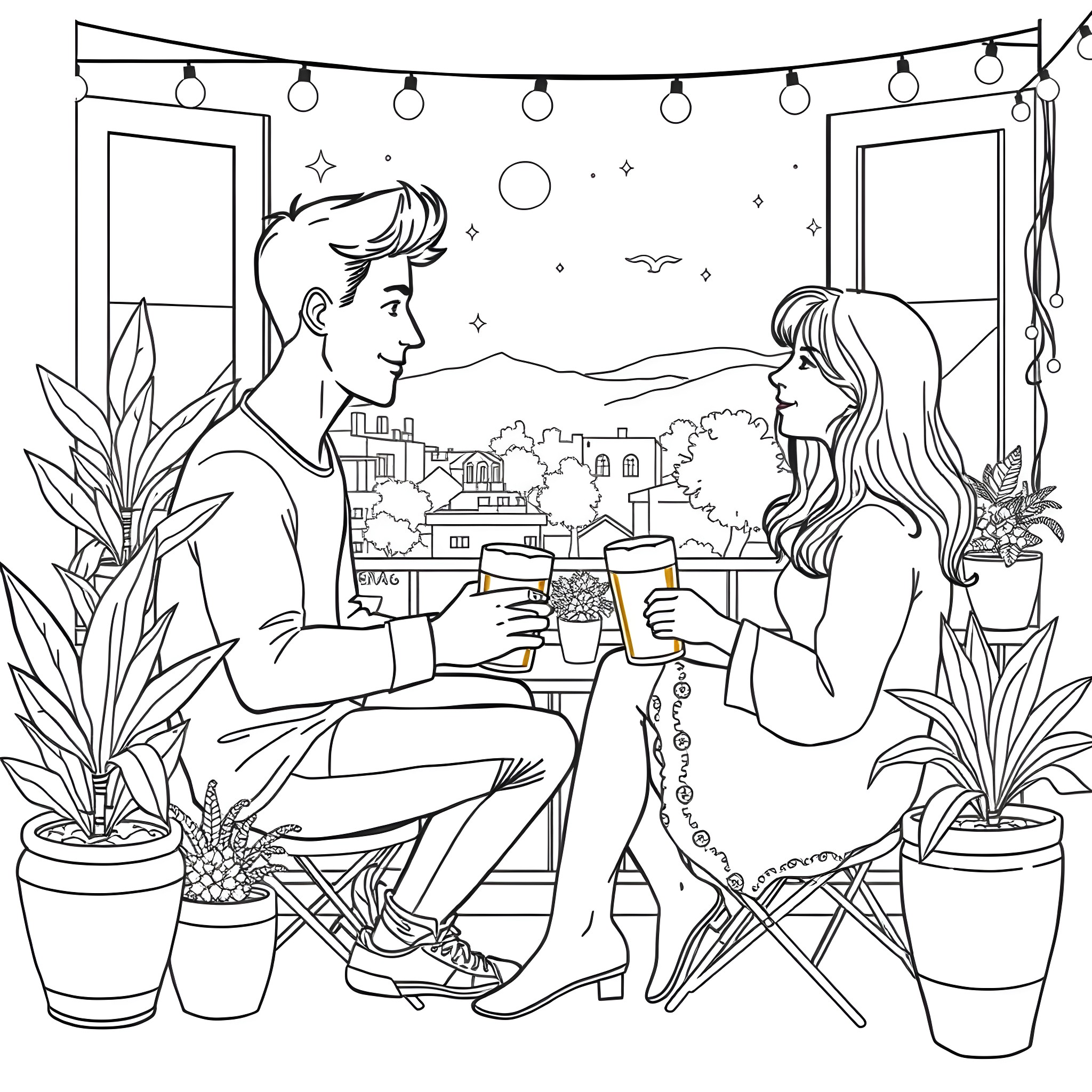Couple relaxing outdoors on a balcony with city view Coloring Page (free black-and-white line drawing printable PDF for all, from beginners to advanced learners, including children, teens, adults, and seniors)