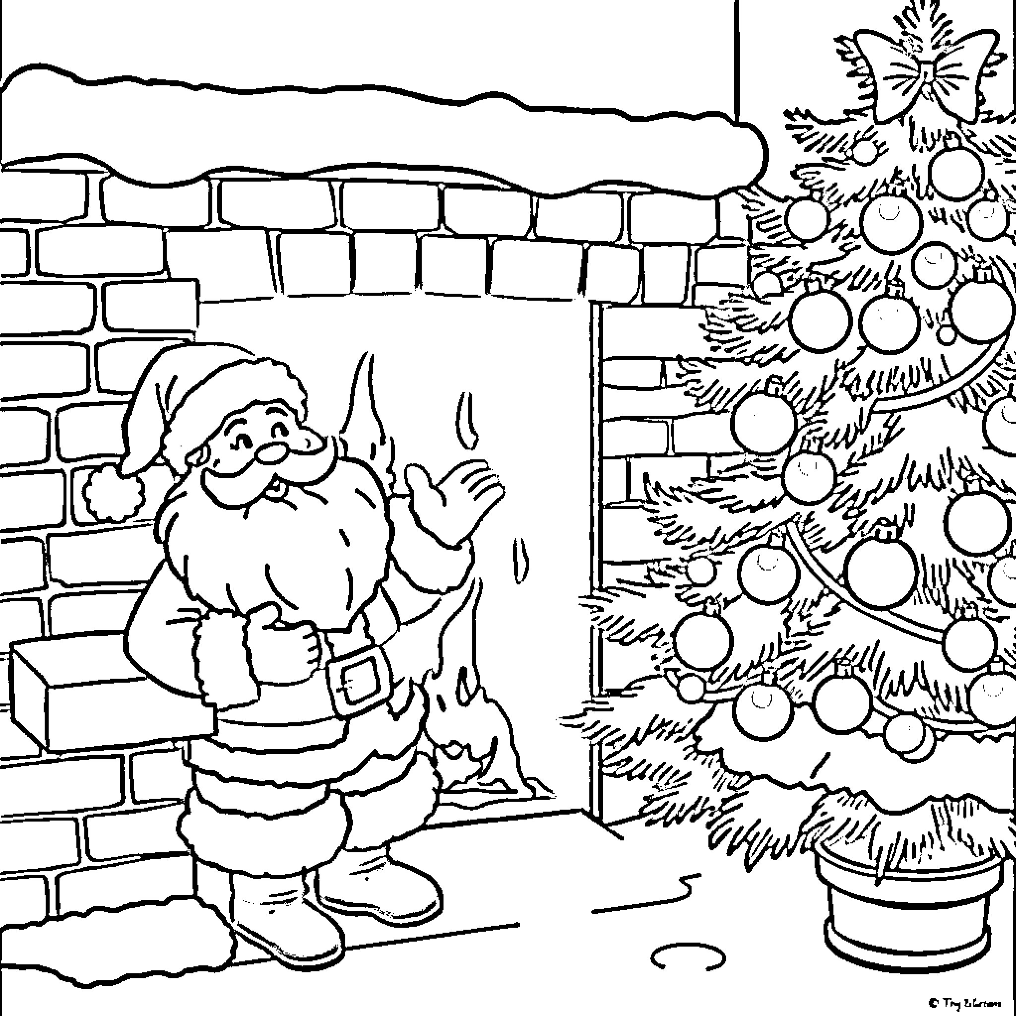 Santa decorating Christmas tree by the fireplace Coloring Page (free black-and-white line drawing printable PDF for all, from beginners to advanced learners, including children, teens, adults, and seniors)
