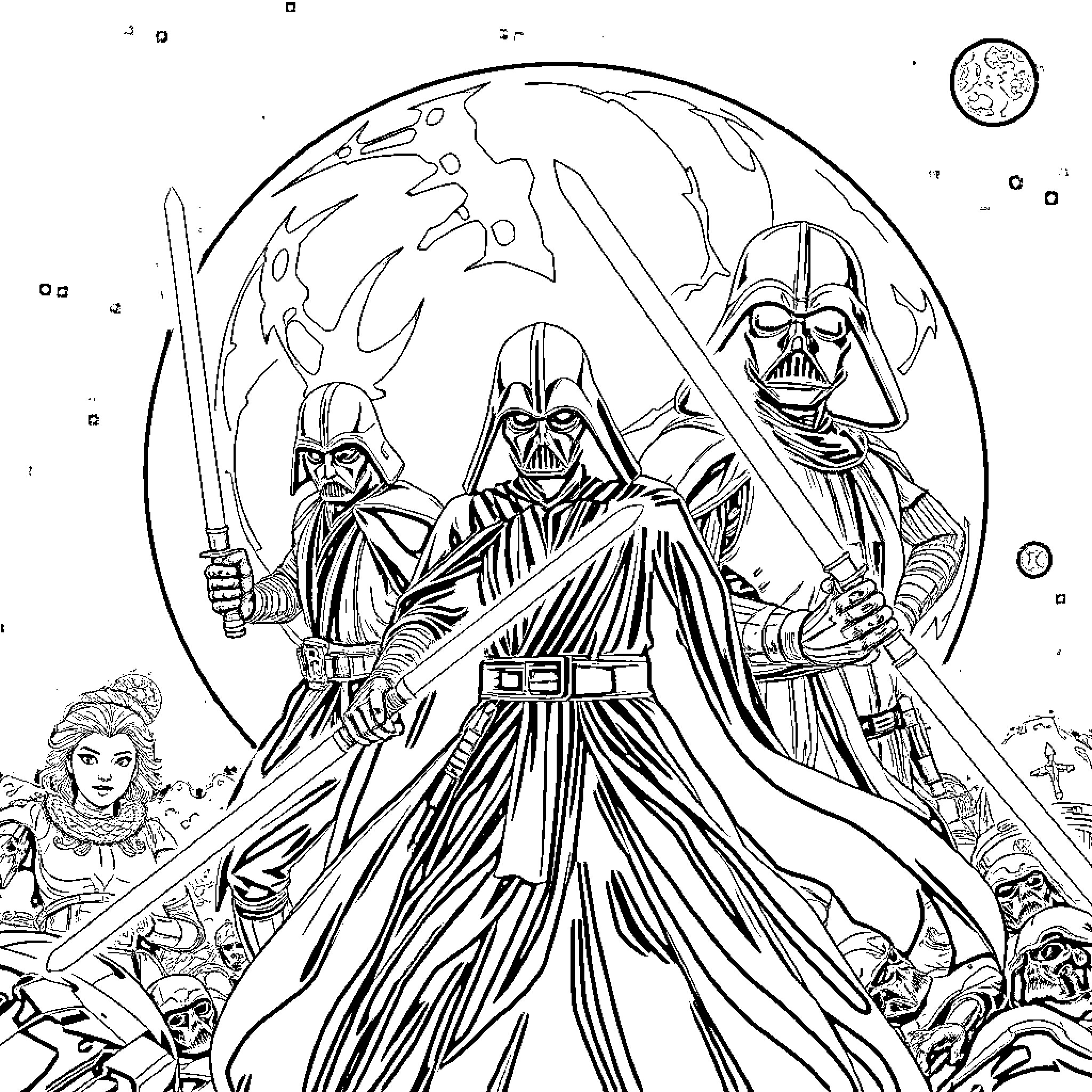 Star Wars Iconic Figures in Epic Scene Coloring Page (free black-and-white line drawing printable PDF for all, from beginners to advanced learners, including children, teens, adults, and seniors)